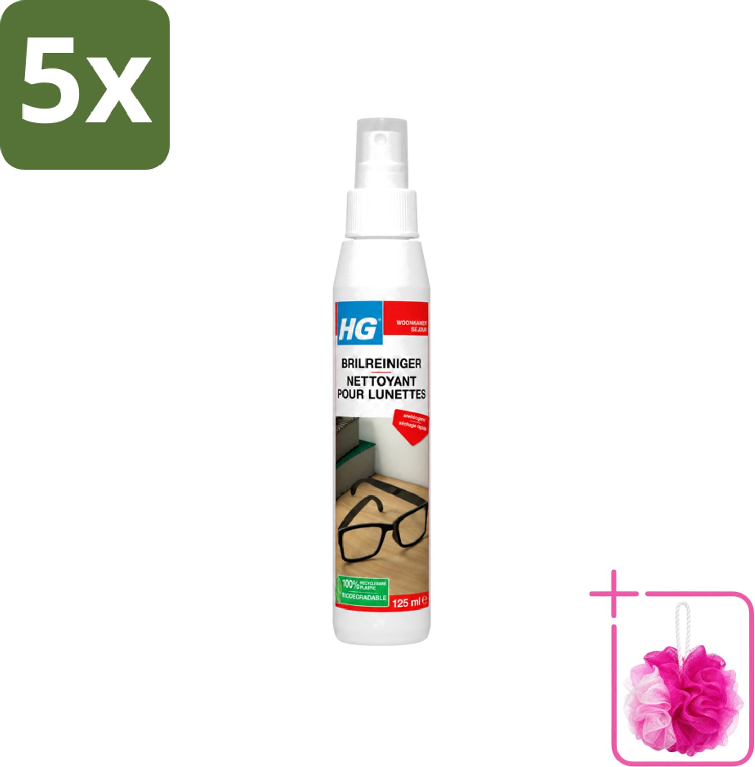 5 x HG - Brilreiniger - Voor Glasheldere Lenzen - 125 ml - Bulkverpakking - Bril reinigen - Douchemop - Glas reinigen
