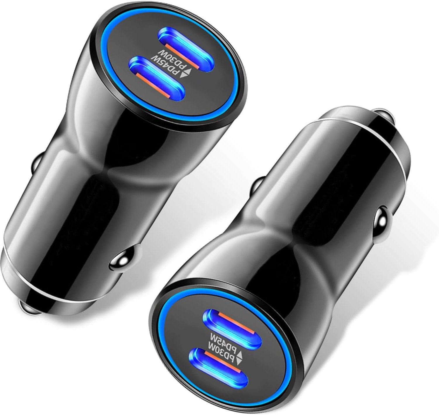 2 stuks, 75 W, USB-C-autolader, snellader, dubbele poort, 45 W + 30 W, 12 V, compatibel met smartphones uit de serie 17/16/15, Galaxy S25/S24 en laptops enz.