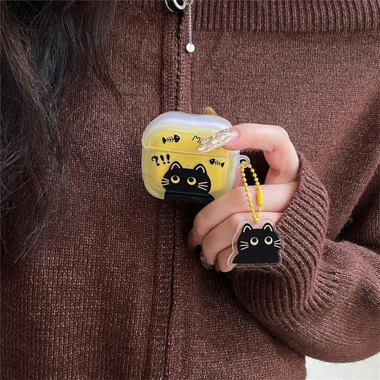 Compatibel met Airpods Pro 3 hoesje (2025), schattige cartoon leuke zwarte kat patroon ontwerp oortelefoon hoes met Kawaii hanger voor Airpod Pro 3 — afbeelding 2
