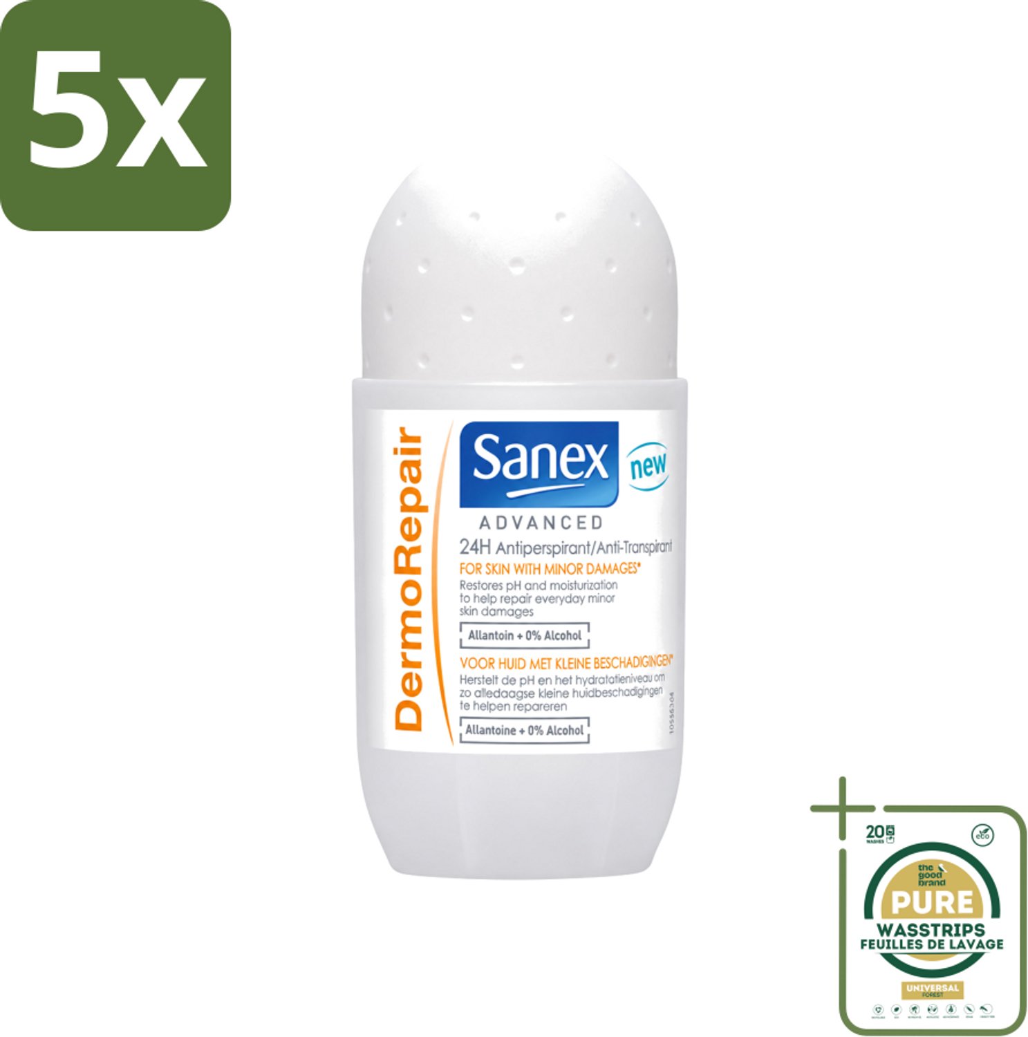 5 x Sanex Advanced - Dermo Repair - Deodorant Roller - 24h Anti-Transpirant - 0% Alcohol - 50 ml - Wasstrips - 24h Anti-transpirant - Huidherstel - Huidverzorging - Deodorant Roller - Anti-geur