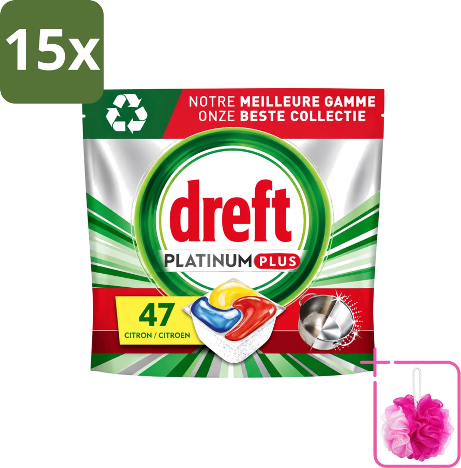 15 x Dreft Platinum Plus - All In One - Vaatwascapsules - Anti-Matt Technologie - Citroen - 47 Afwasbeurten - Bulkverpakking - Vaatwasmiddel - Douchemop - Vaatwascapsule