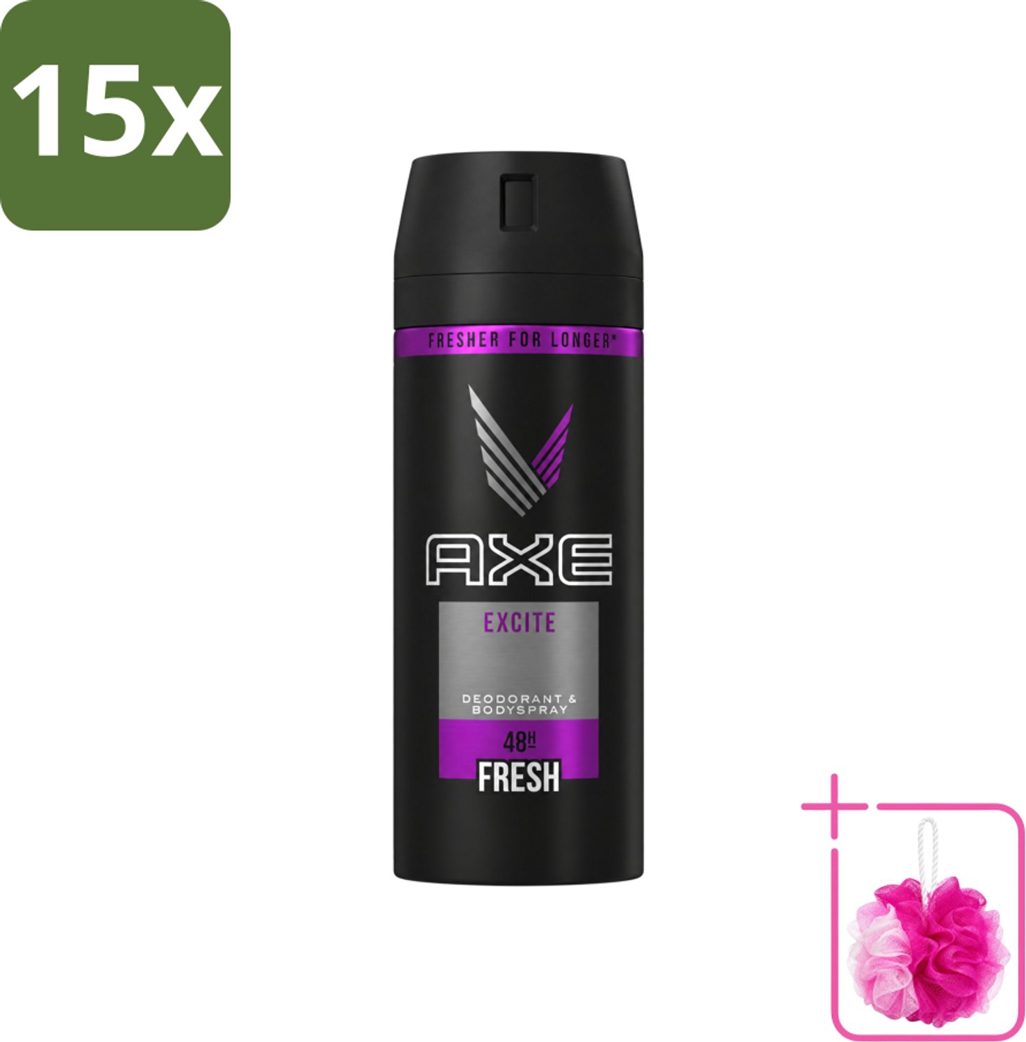 15 x Axe - Deodorant Bodyspray - 48hrs Fresh - Excite - 150 ml - Bulkverpakking - 48 uur fris - Douchemop - Deodorant spray