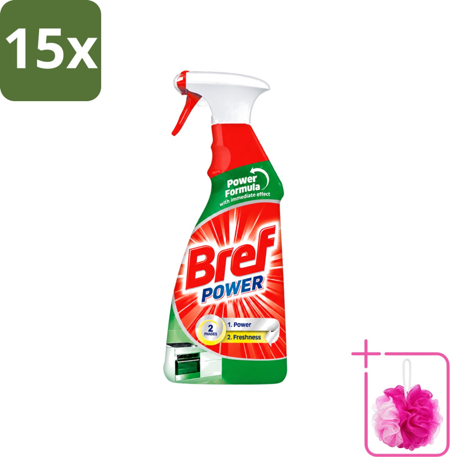 15 x Bref Power - Keukenreiniger - Spray - Ontvetter - 750 ml - Bulkverpakking - Keukenreiniger - Douchemop - Ontvettingscrème