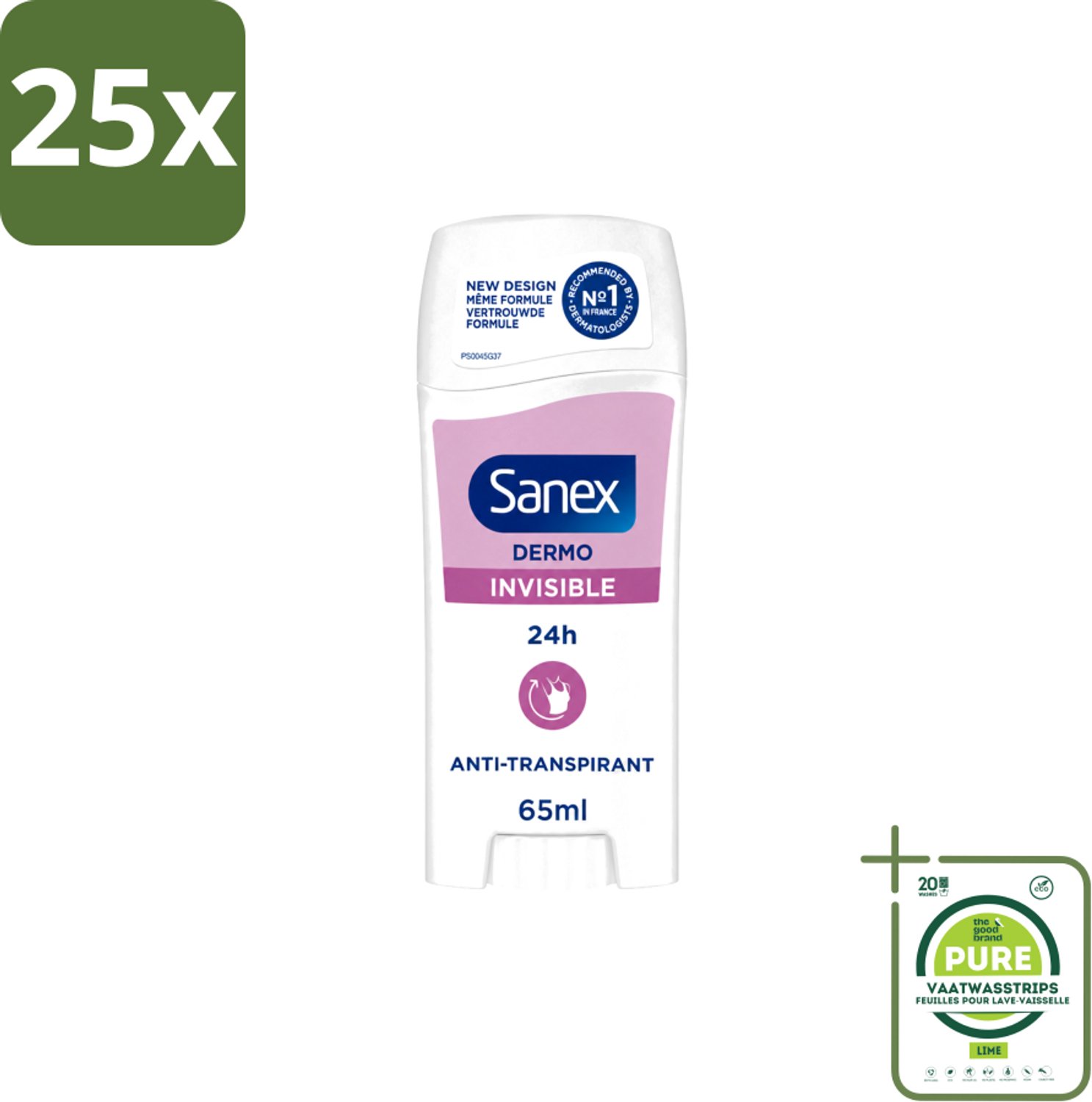 25 x Sanex – Deodorant Stick – Dermo Invisible – 65 ml - Grootverpakking - Vaatwasstrips - Onzezichtbare Deodorantstick - Deodorantstick - Onzichtbare Deodorant - Huidvriendelijke Deodorant - Frisheid