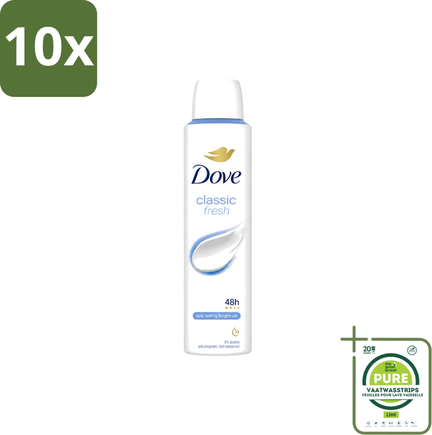 10 x Dove – Deodorant Spray – Classic Fresh – 200 ml - Grootverpakking - Vaatwasstrips - Anti-transpirant Spray - Okselgeur - Transpiratiegeur - Deodorant Spray - Klassiek Geur
