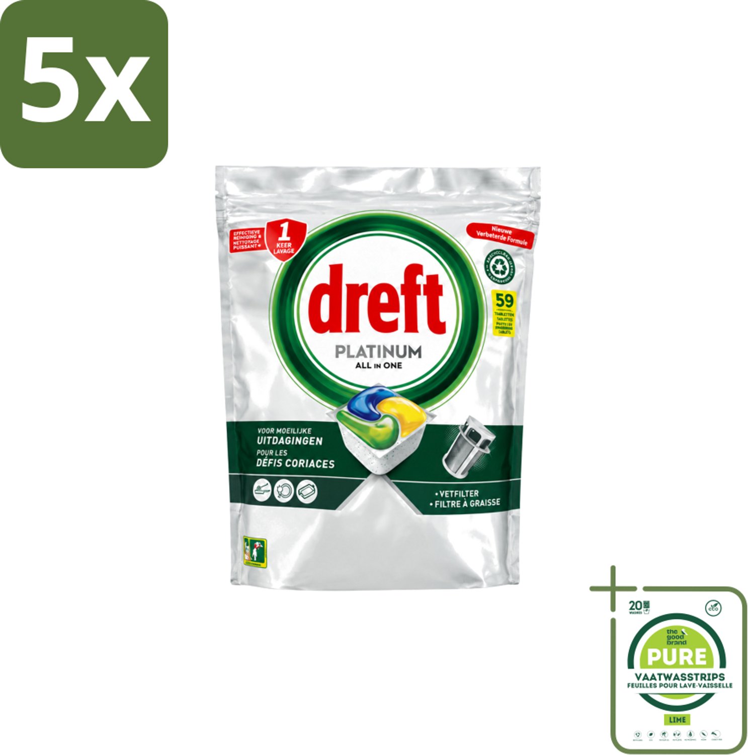 5 x Dreft – Vaatwastabletten – All-in-One Platinum – Lemon – 59 Tabletten - Grootverpakking - Vaatwasstrips - Vaatwastabletten - Vaatwasser - Vetverwijderen - Glasbescherming - Citroengeur