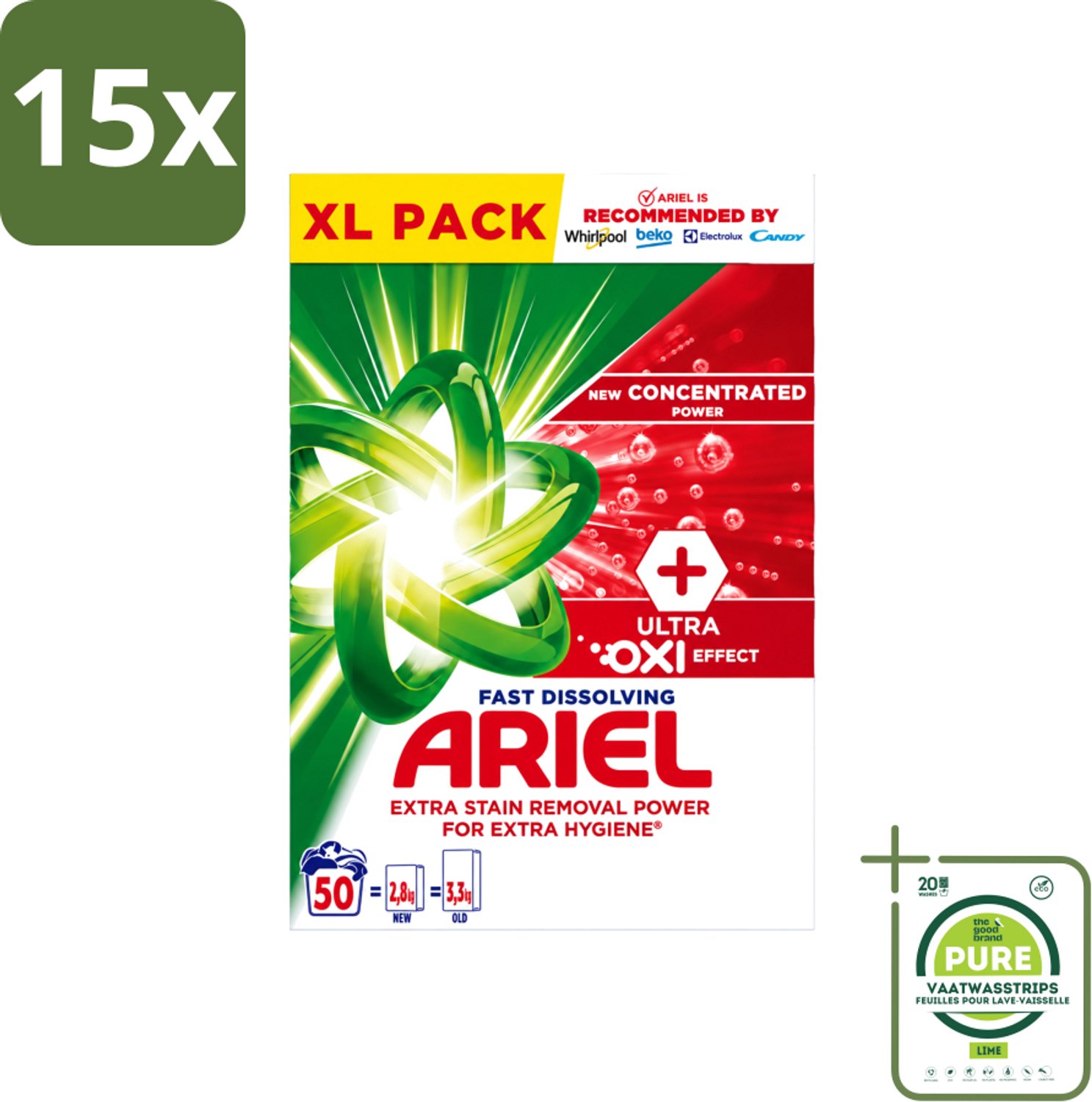15 x Ariel – Waspoeder – Oxi – 2,8 kg – 50 wasbeurten - Grootverpakking - Vaatwasstrips - Waspoeder - Waspoeder Oxi - Vlekverwijdering - Reiniging - Wasmachine