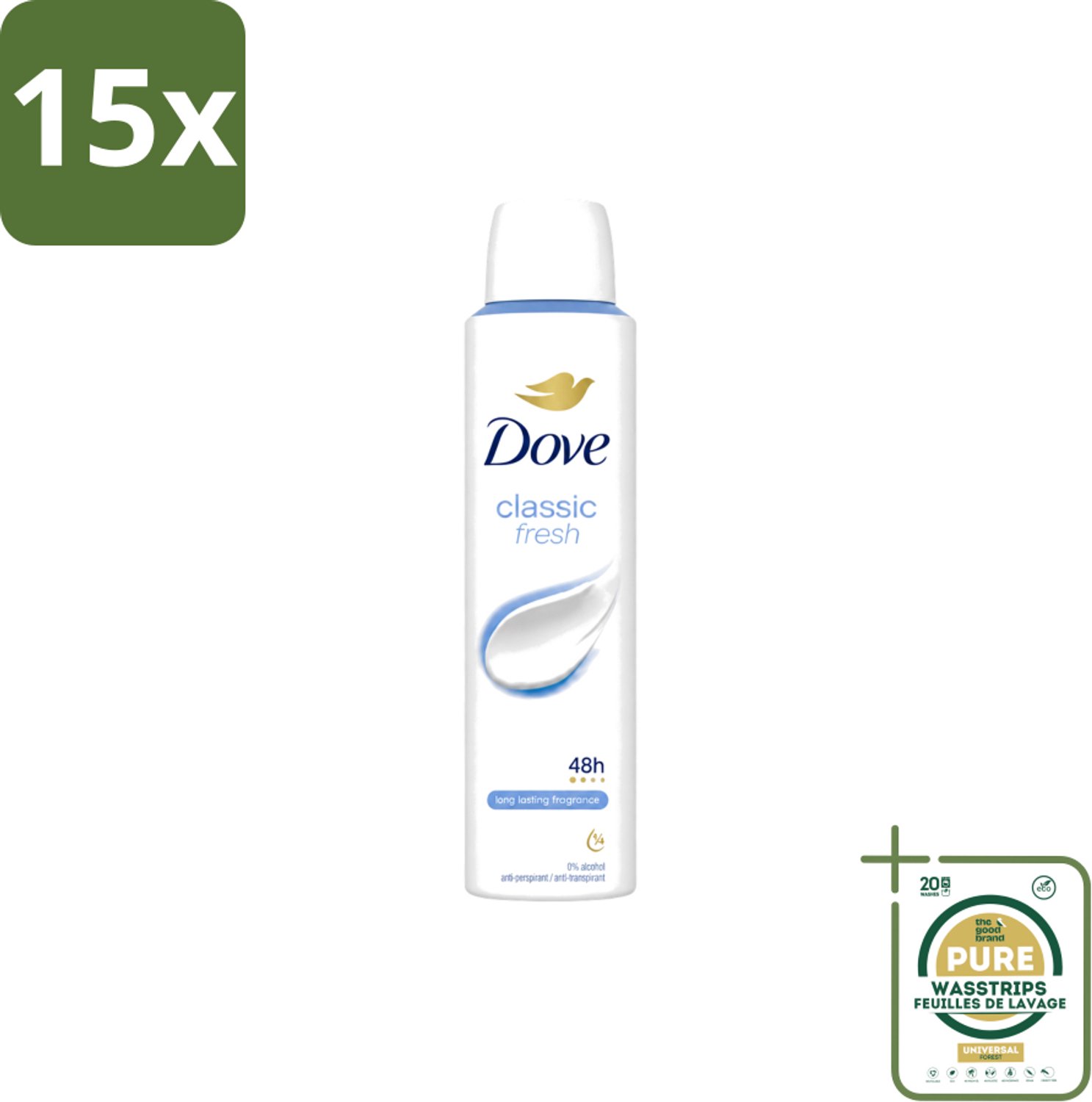 15 x Dove – Deodorant Spray – Classic Fresh – 200 ml - Wasstrips - Anti-transpirant Spray - Okselgeur - Deodorant Spray - Frisse Geur - Oksel Verzorging
