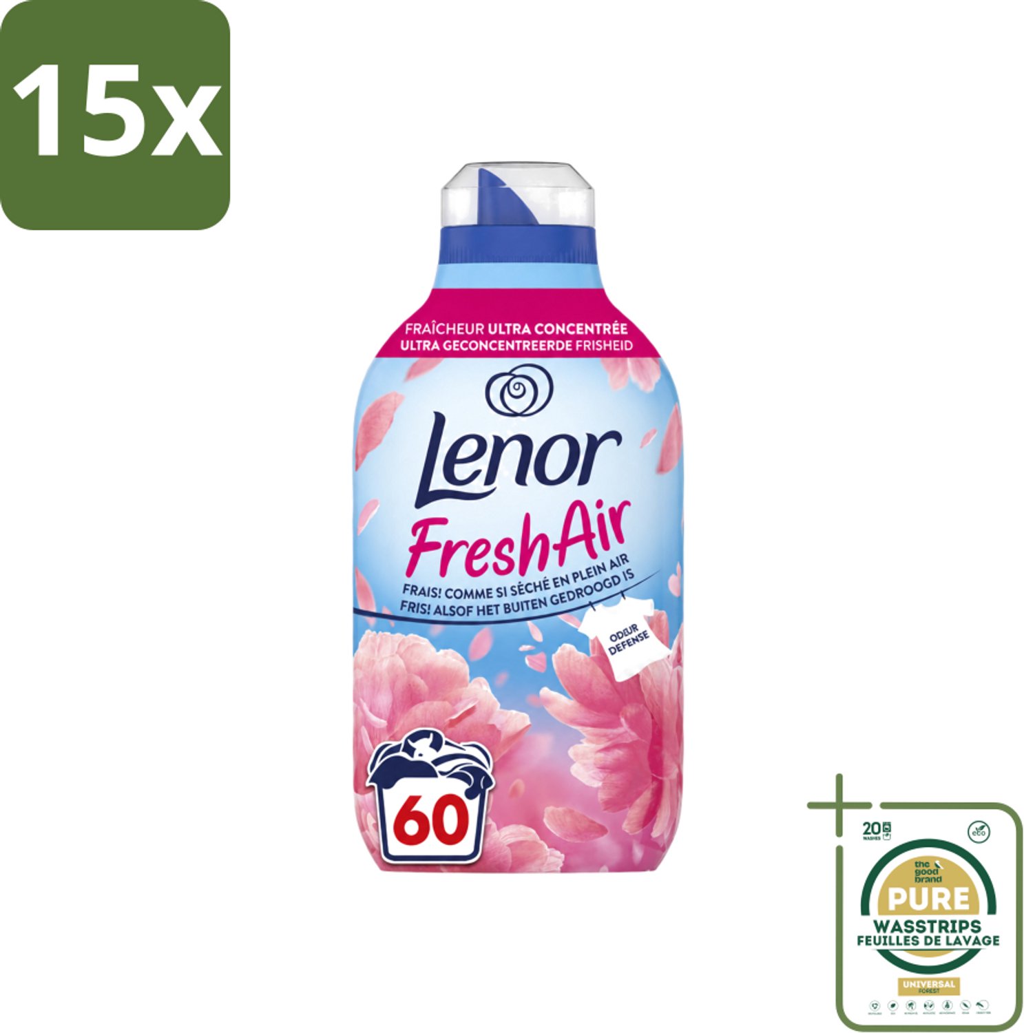 15 x Lenor – Wasverzachter – Bloesem – 60 Wasbeurten – 840 ml - Wasstrips - Wasverzachter - Buitenluchtfrisheid - Bloesemgeur - Wasgoed - Geur