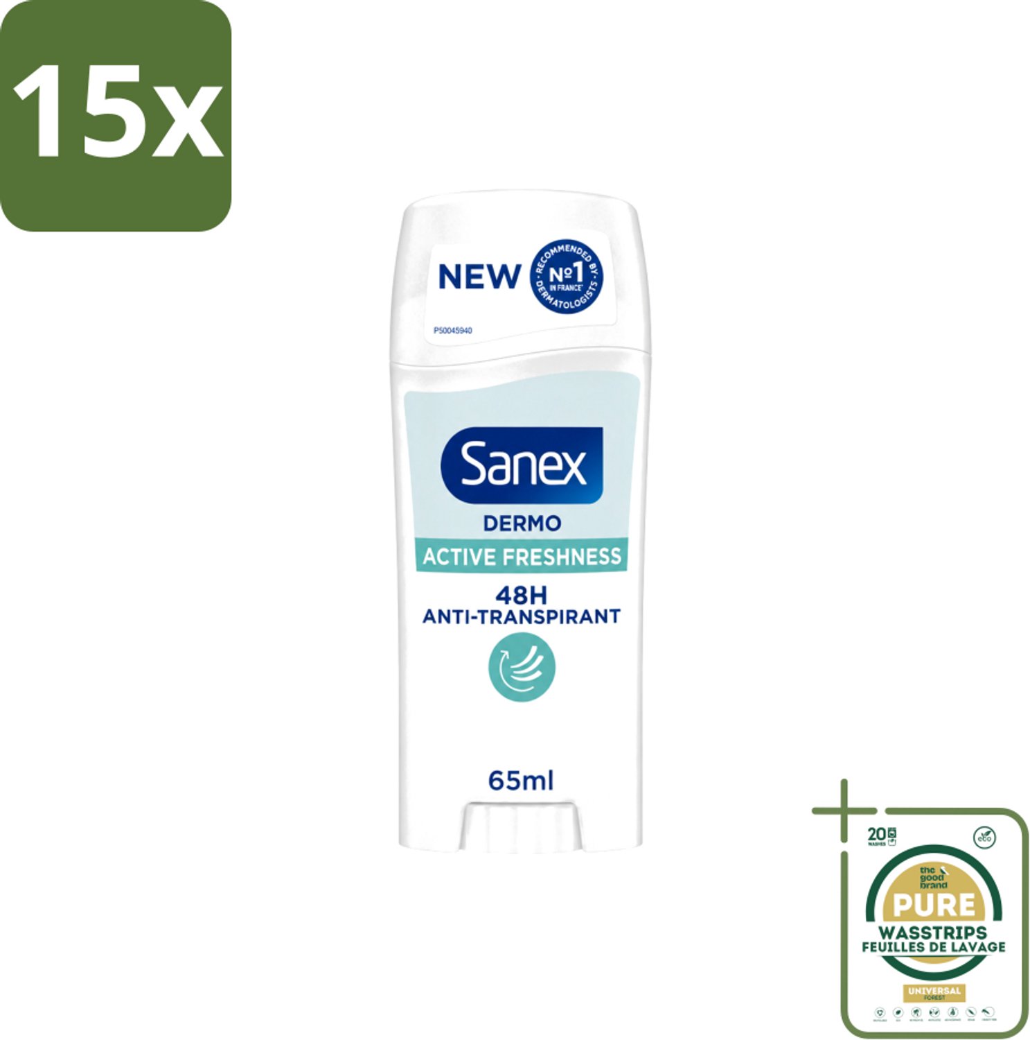 15 x Sanex – Deodorant Stick – Dermo Active Freshness – 65 ml - Wasstrips - Deodorantstick - Frisheid - Huidbescherming - Zachte Textuur - Langdurige Frisheid