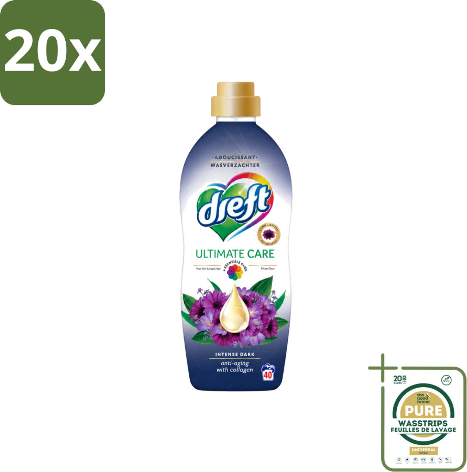 20 x Dreft – Wasverzachter – Ultimate Care Intense Dark – 40 Wasbeurten - Wasstrips - Wasverzachter - Kleurbescherming - Collageen - Wasgoed Verzorgen - Anti-aging Was
