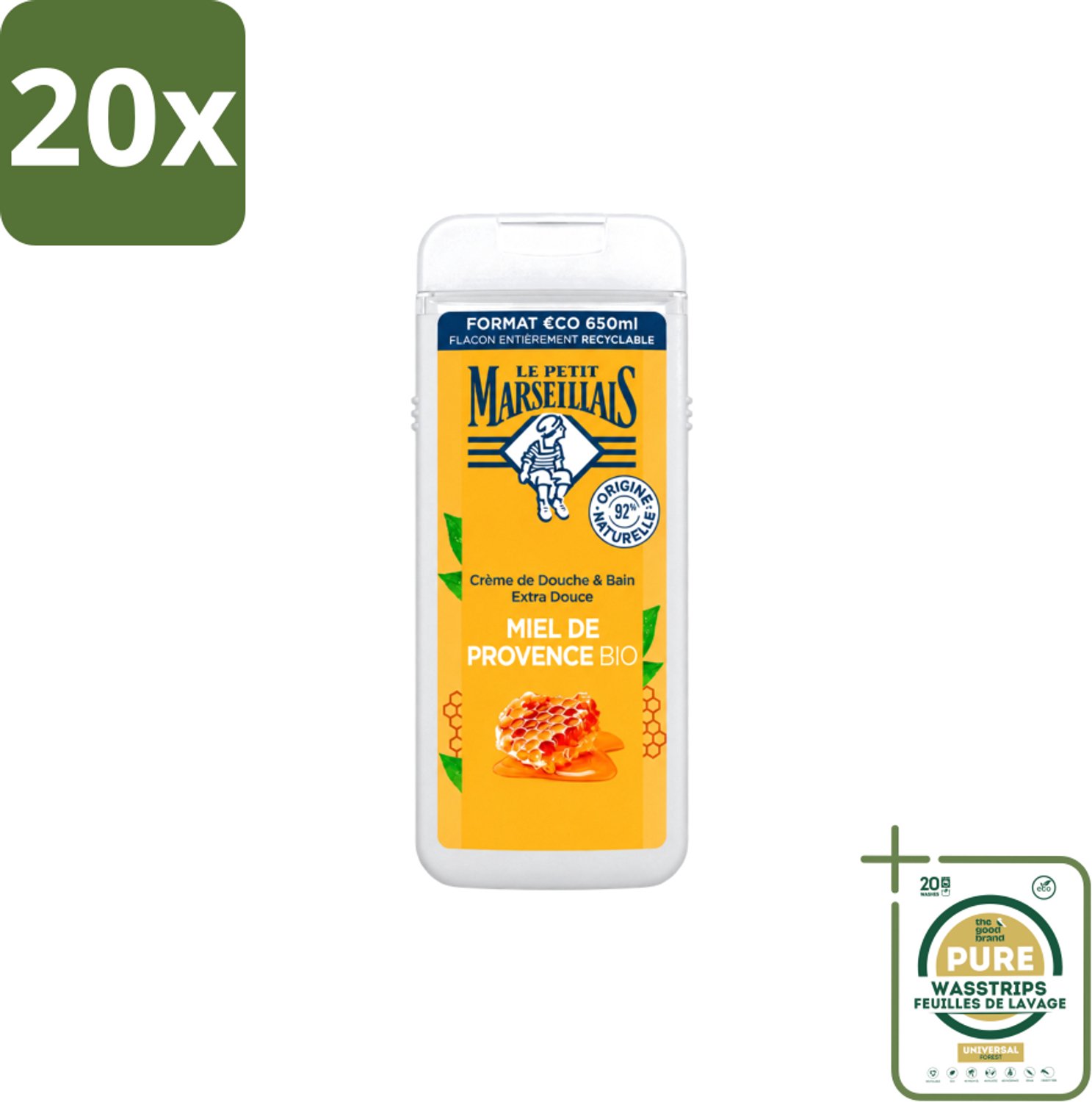 20 x Le Petit Marseillais – Douche & Bad – Honing – 650 ml - Wasstrips - Douche En Bad - Honing - Huid Verzorging - Schuim - Zachte Huid