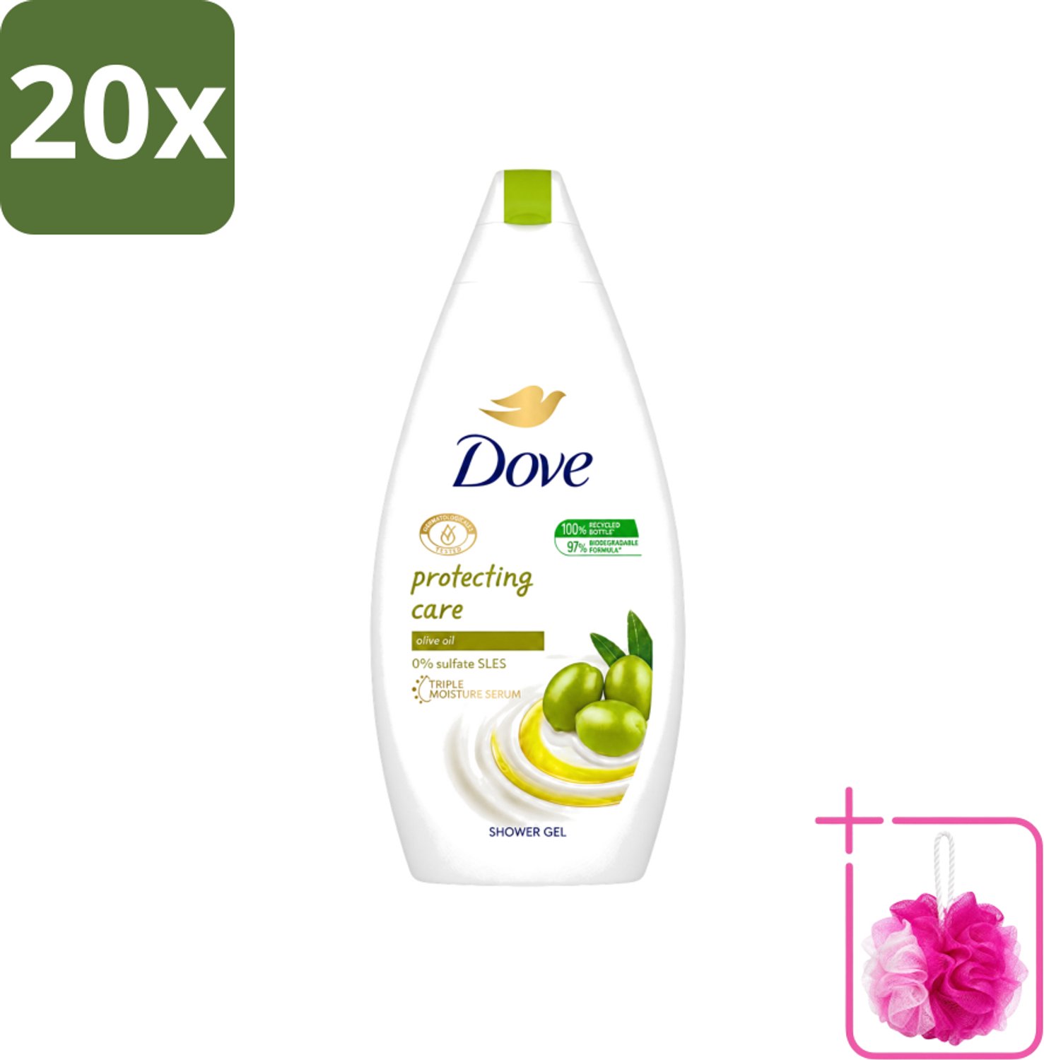20 x Dove Protecting Care - Douchegel - Olijfolie - Sulfaatvrij - 450 ml - Bulkverpakking - Douchegel - Douchemop - Olijfolie