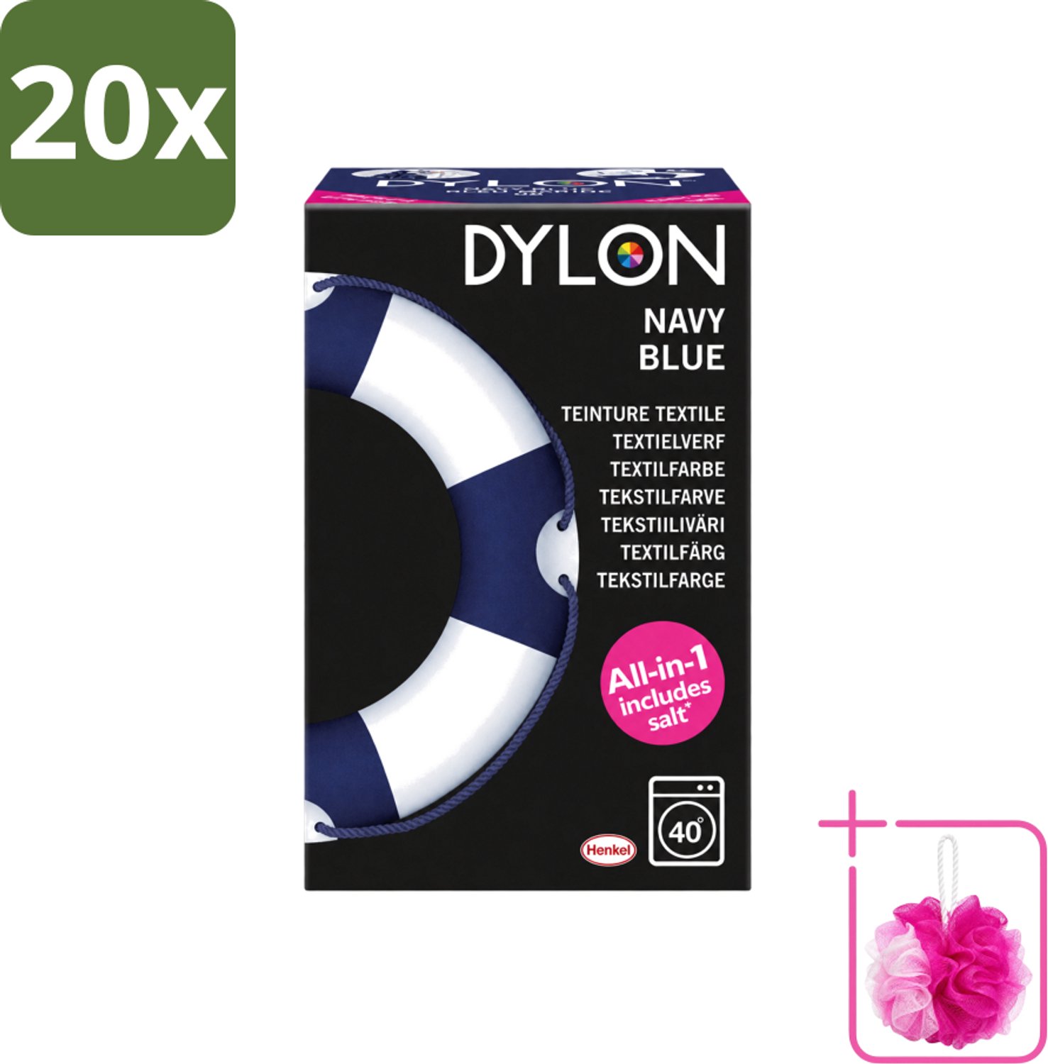 20 x Dylon - Textielverf - Navy Blue - All-in-One - Inclusief Zout - 350g - Bulkverpakking - Textielverf - Douchemop - Kleding verven
