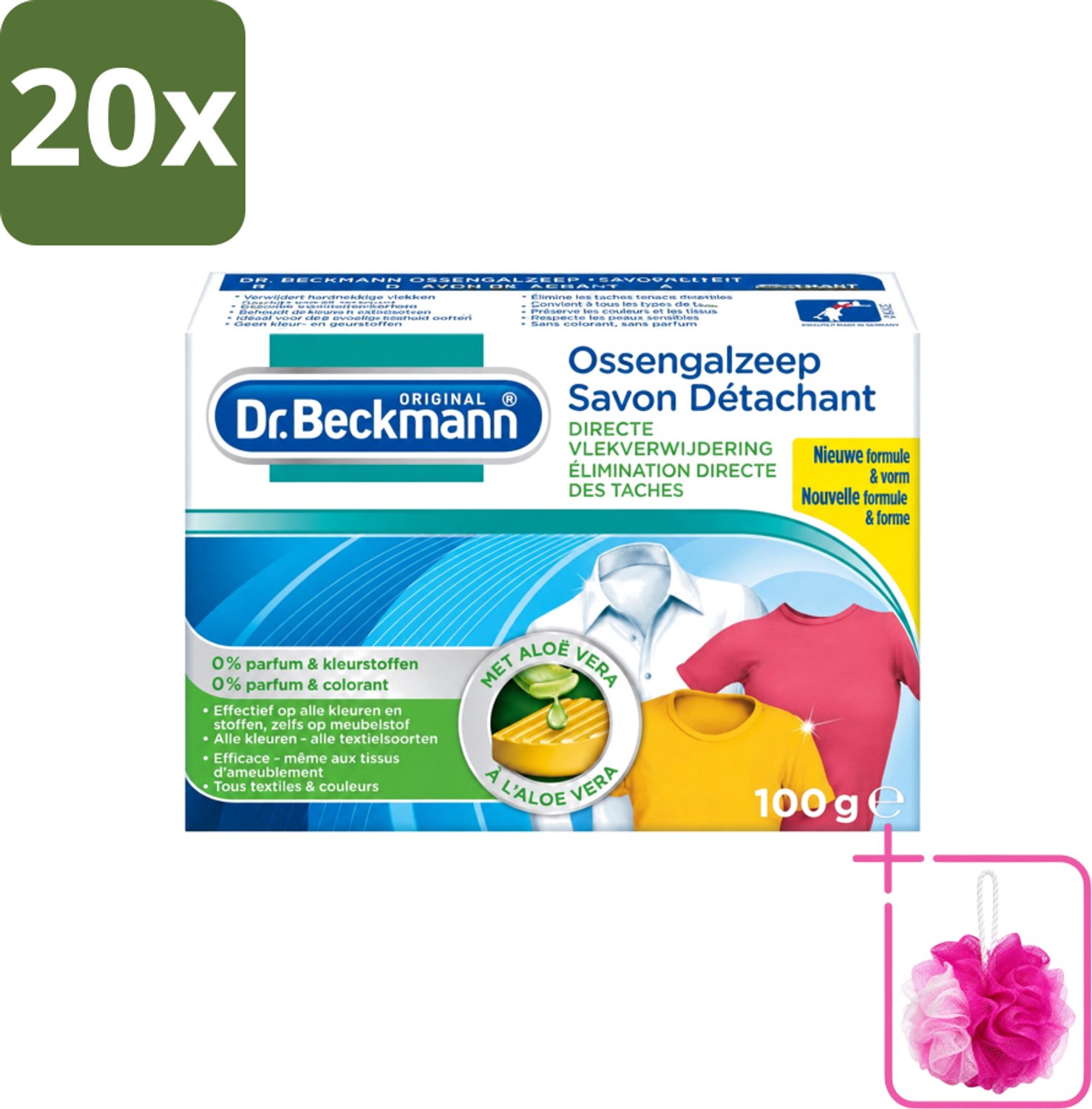 20 x Dr.Beckmann - Vlekkenverwijderaar - Ossengalzeep Met Aloë Vera - Witte en Gekleurde Was - 100g - Bulkverpakking - Vlekkenverwijderaar - Douchemop - Textiel reinigen