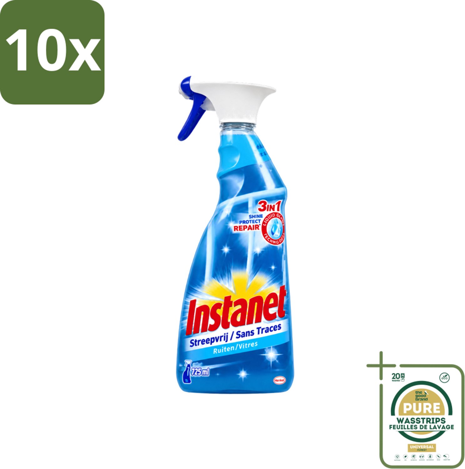 10 x Instanet - Ruitenreiniger - Streepvrij - 3in1 Spray - 725 ml - Wasstrips - Ruitenreiniger - Streepvrije Ruiten - Ruiten Reinigen - Ruiten Reinigingsalcohol - 3-in-1 Ruitenreiniger