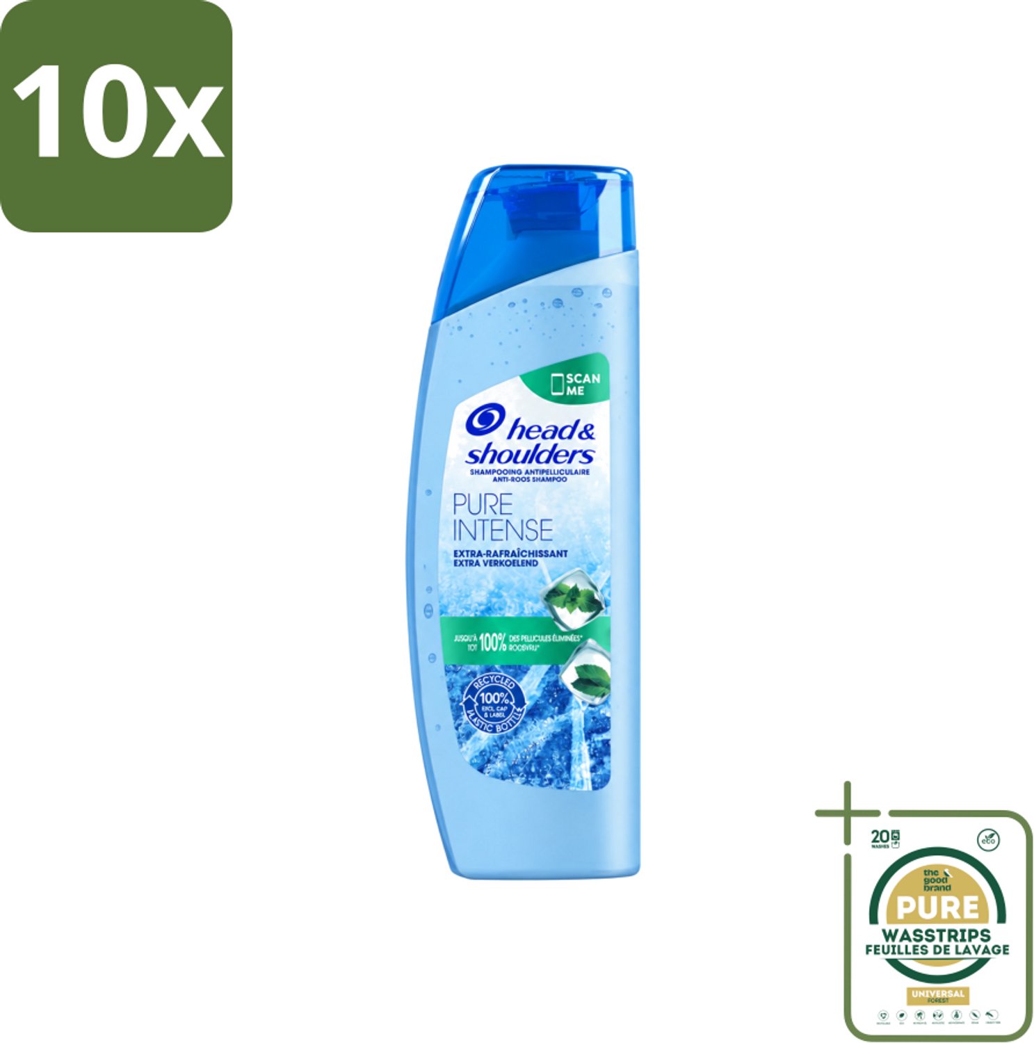 10 x Head & Shoulders - Anti-Roos Shampoo - Pure Intense - Extra Verkoelend - 250 ml - Wasstrips - Roosvrij Haar - Roosbestrijding - Verkoelend Shampoo - Menthol Shampoo - Frisse Geur