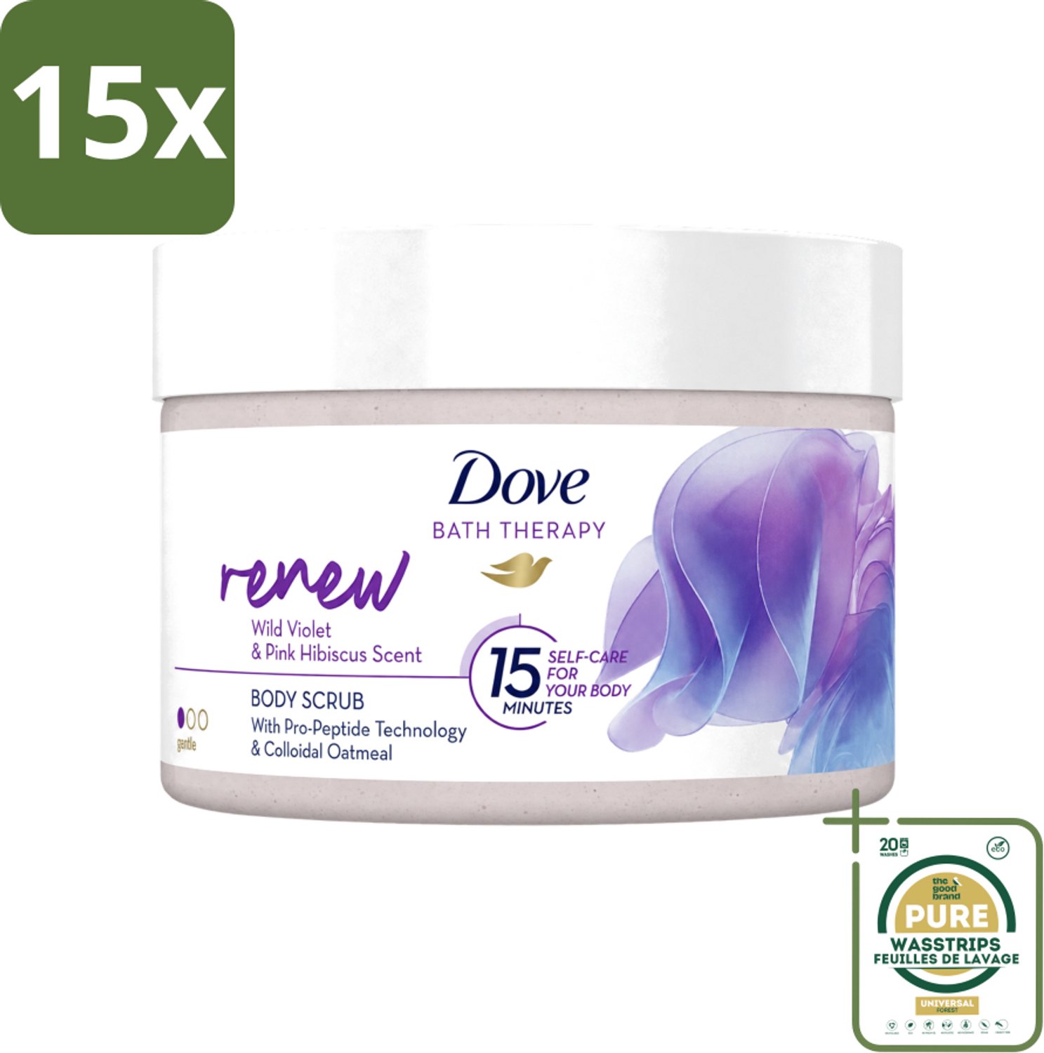 15 x Dove Bath Therapy Renew - Bodyscrub - Wilde Viooltjes & Roze Hibiscus - 295 ml - Wasstrips - Huidvernieuwing - Huidscrub - Exfoliatie - Zachte Huid - Huidverzorging