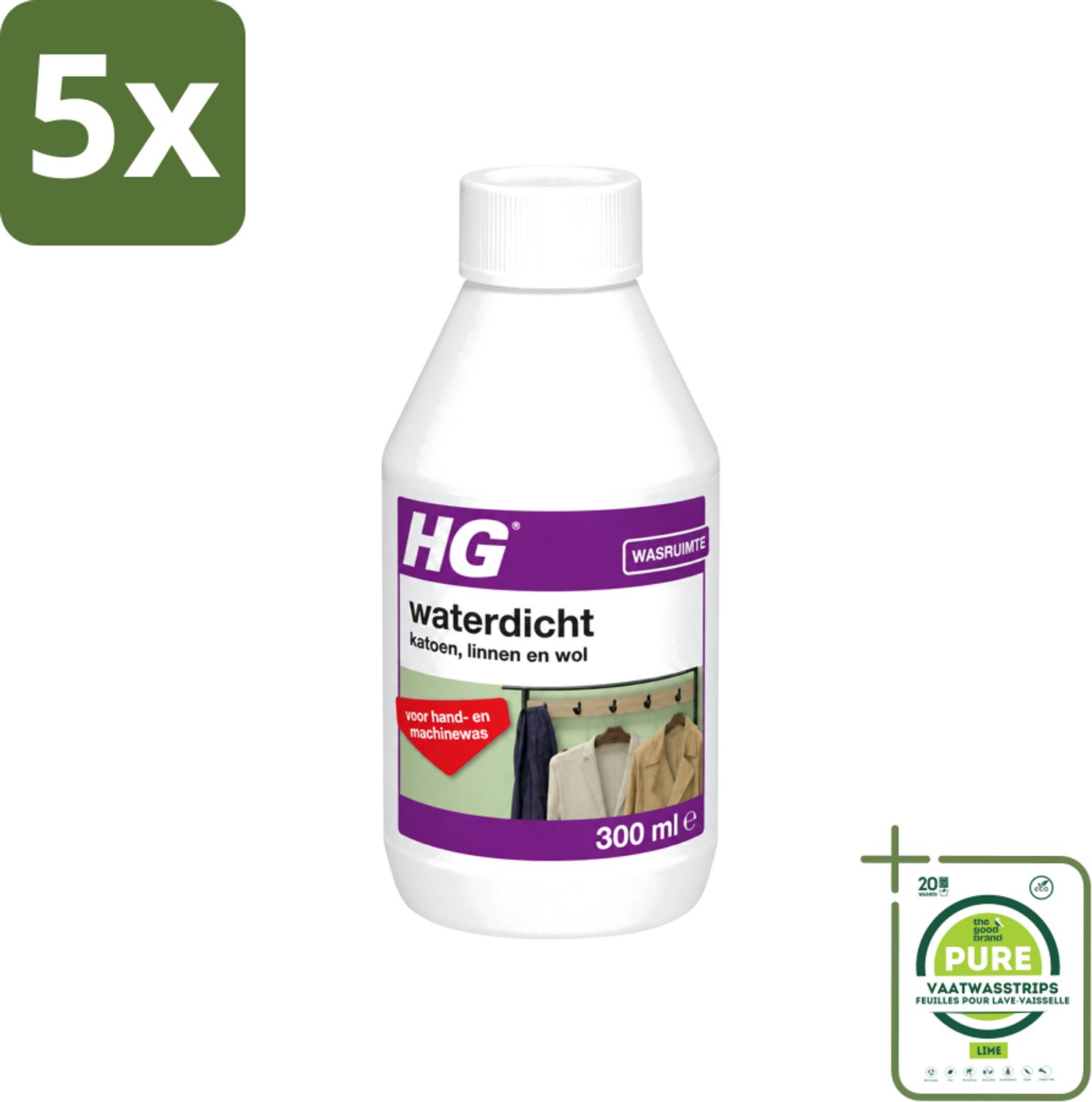 5 x HG - Wasruimte - Waterdicht Katoen, Linnen & Wol - Voor Hand & Machine Was - 300 ml - Grootverpakking - Vaatwasstrips - Waterdicht Textiel - Vuilafstotend Textiel - Katoen Waterdicht - Linnen Waterdicht - Wol Waterdicht