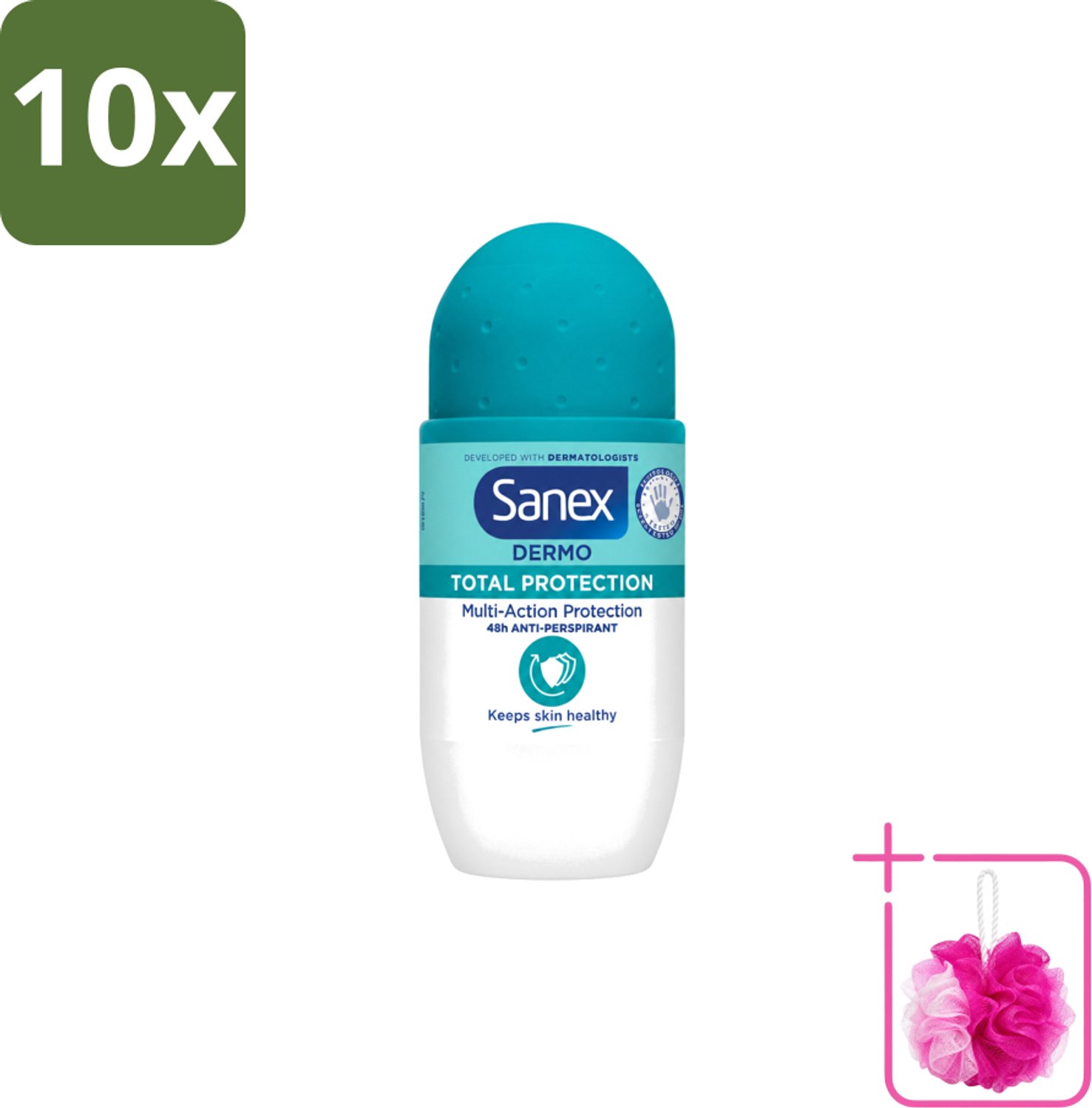 10 x Sanex – Deodorant Roll-On – Dermo Total Protection – 50 ml - Bulkverpakking - Douche - Douchemop - Deodorant roll-on