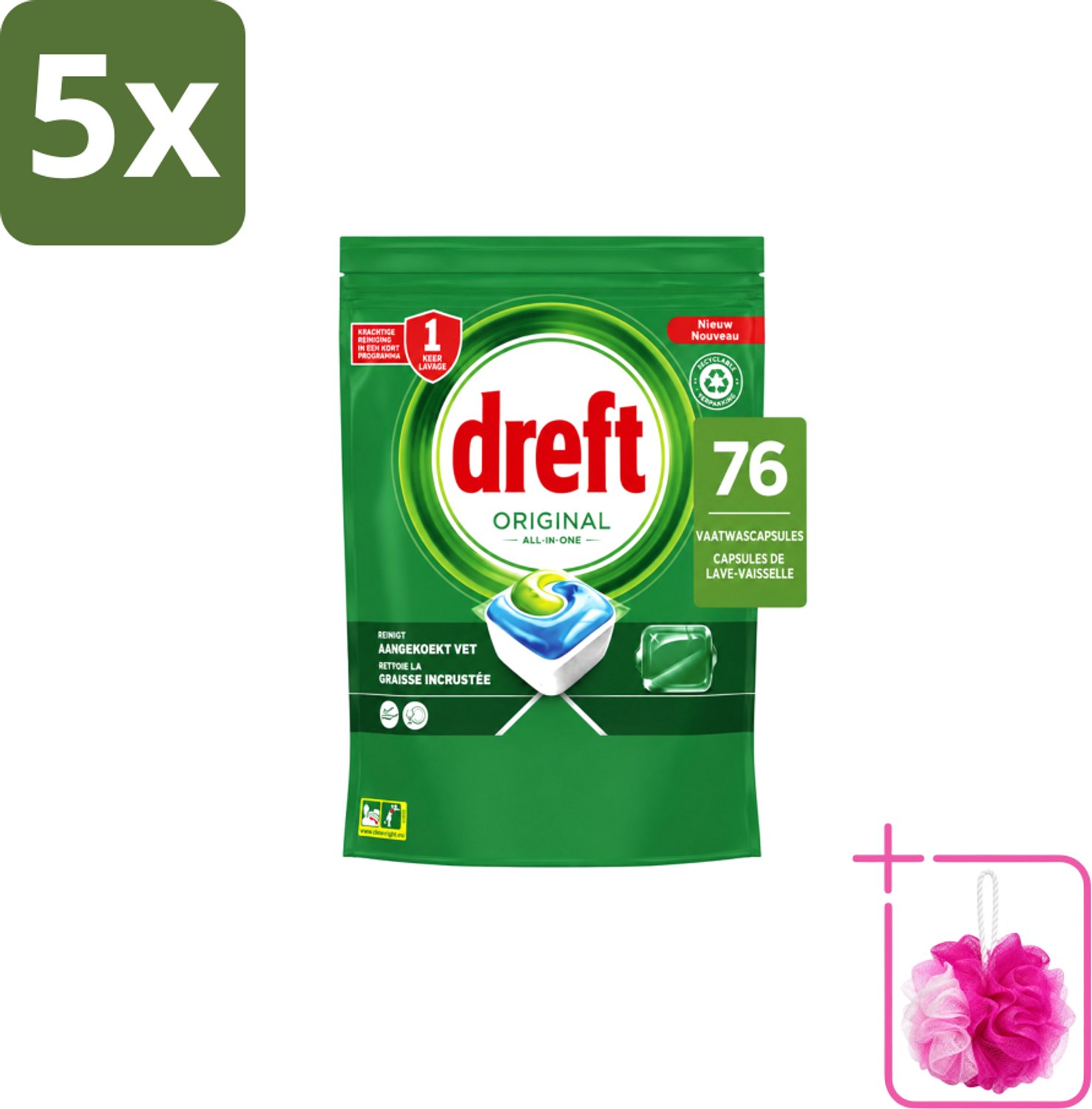 5 x Dreft – Vaatwascapsules – Original All-in-One – 76 Capsules - Bulkverpakking - Vaatwassen - Douchemop - Vaatwassen capsule