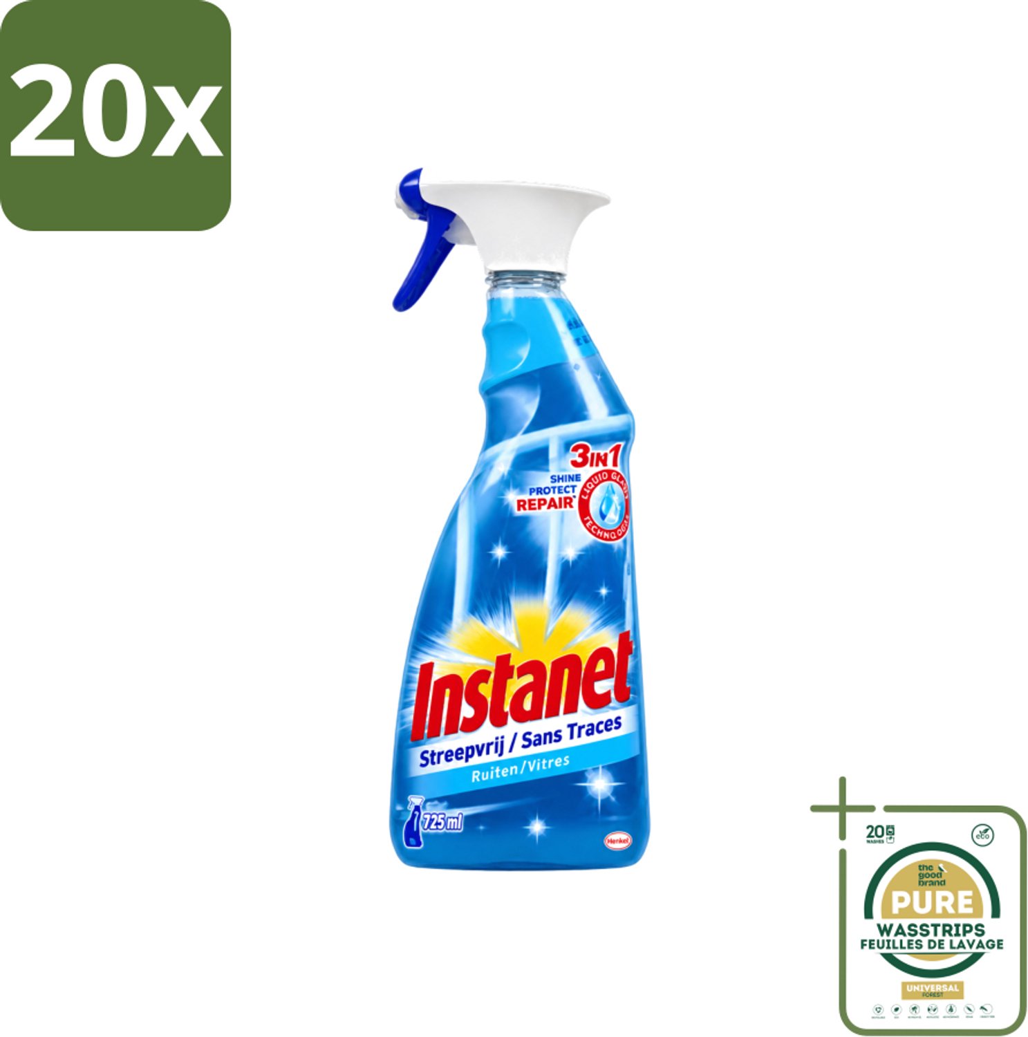 20 x Instanet - Ruitenreiniger - Streepvrij - 3in1 Spray - 725 ml - Wasstrips - Ruitenreiniger - Streepvrije Ruiten - Ruiten Reinigen - Ruiten Reinigingsalcohol - 3-in-1 Ruitenreiniger