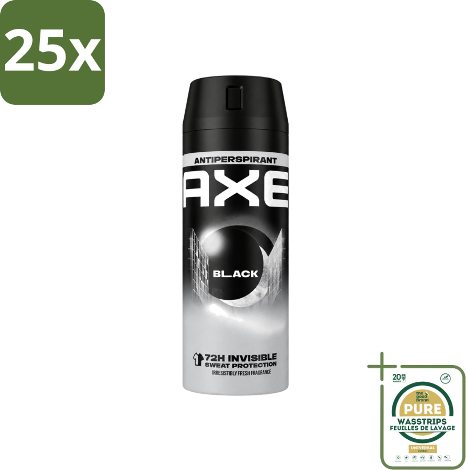 25 x Axe - Deodorant Spray - 72hrs Anti Sweat - Black - 150 ml - Wasstrips - Anti Transpirant Spray - Zweet Bescherming - 72 Uur Bescherming - Citroen Geur - Munt Geur
