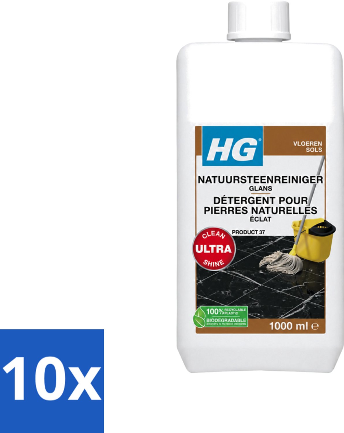 10 x HG - Natuursteenreiniger Glans - Ultra Glans - 20 Dweilbeurten - 1L - Voordeelverpakking - 10 stuks
