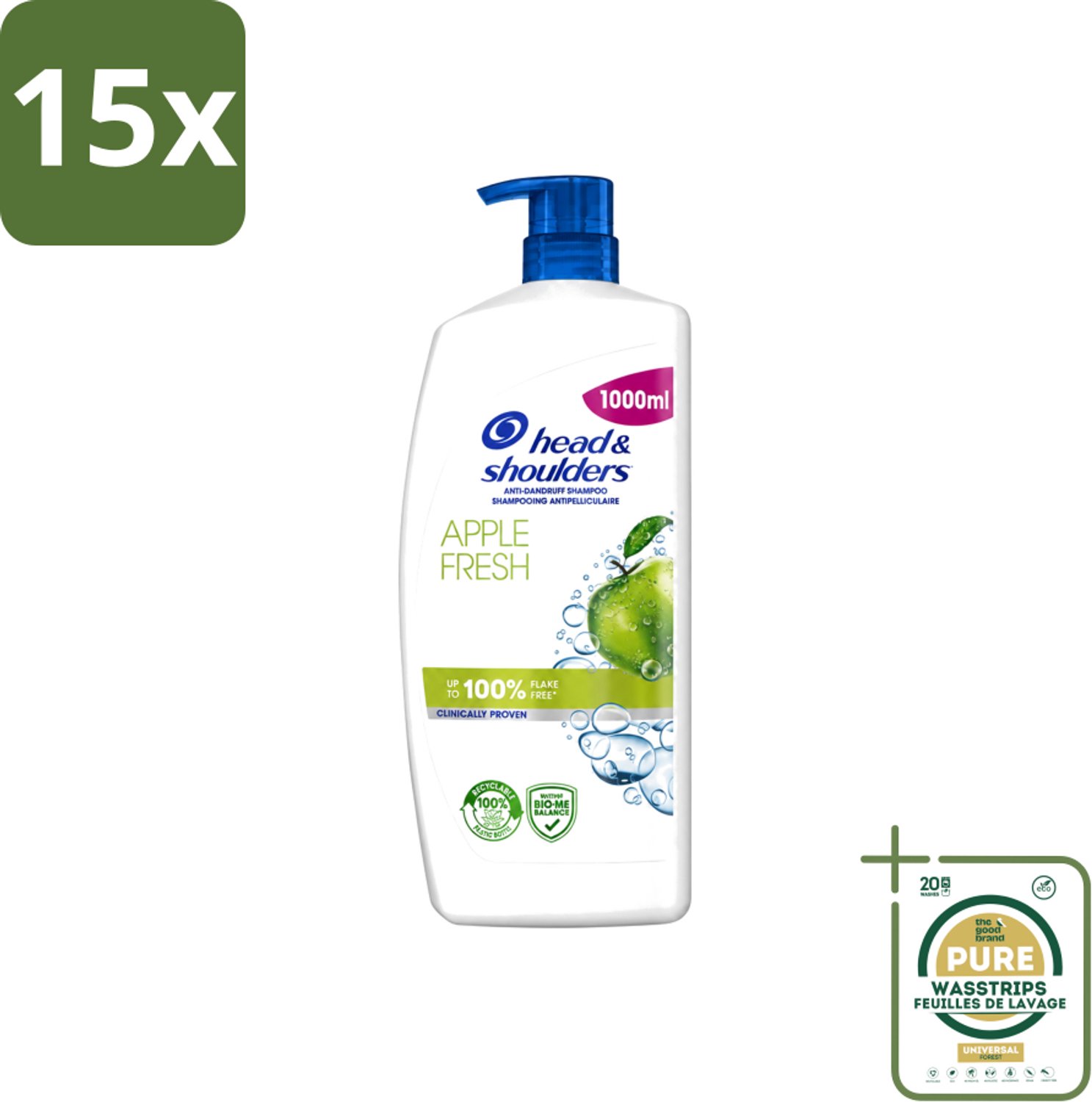 15 x Head & Shoulders - Anti-Roos Shampoo - Apple Fresh - Pompflacon - 1000 ml - Wasstrips - Roosvrij Haar - Anti-roos Shampoo - Hoofdhuid Verzorging - Appelgeur Shampoo - Microbiome Balans
