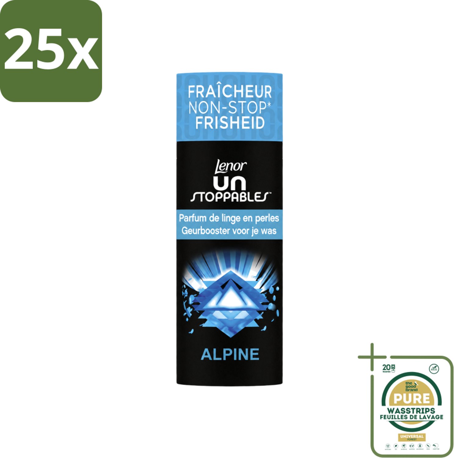 25 x Lenor Unstoppables – Geurbooster – Alpine – 19 Wasbeurten – 235 g - Wasstrips - Geurbooster Wasgoed - Frisheid Wasgoed - Citrus Geur - Bloemen Geur - Kruiden Geur