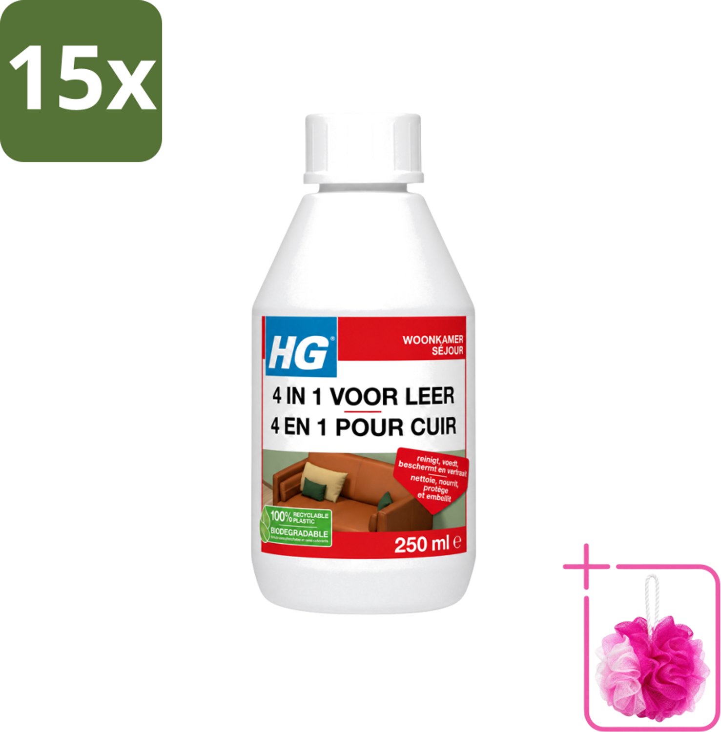 15 x HG - 4 In 1 Voor Leer - Beschermt, Voedt, Verfraait & Reinigt - 250 ml - Bulkverpakking - Leer reinigen - Douchemop - Leer voeden
