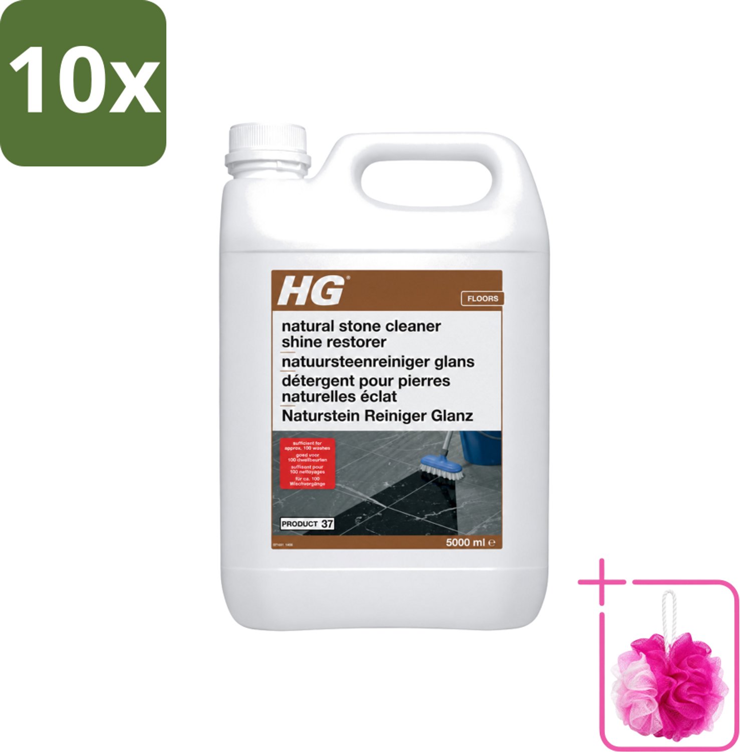 10 x HG - Natuursteenreiniger Glans - 40 Dweilbeurten - 5L - Bulkverpakking - Natuursteen reinigen - Douchemop - Marmer reinigen