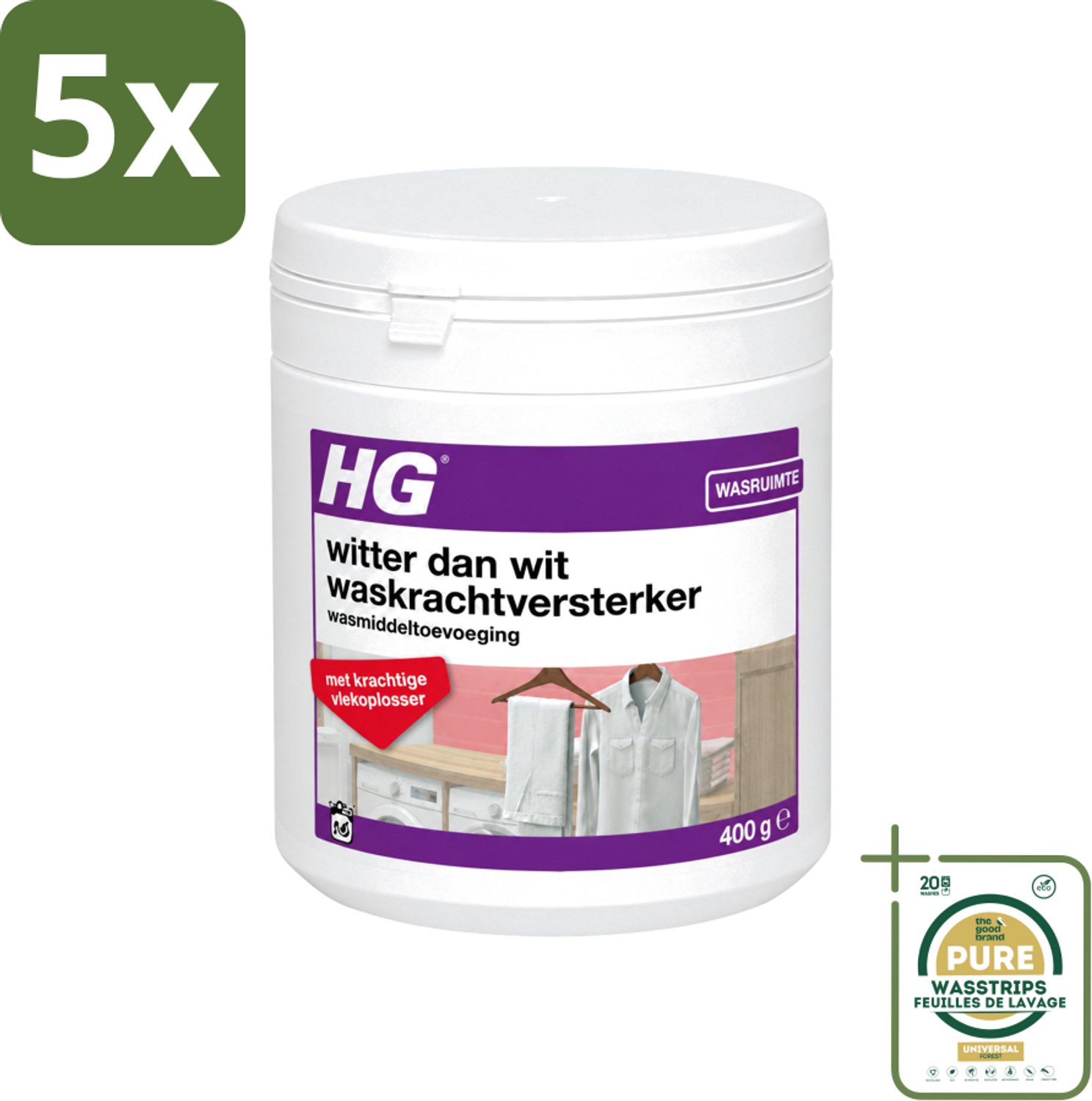 5 x HG - Wasruimte - Witter Dan Wit - Wasmiddeltoevoeging - 400 g - Wasstrips - Wit Textiel - Wasmiddel - Waskracht - Witheid - Wasgoed