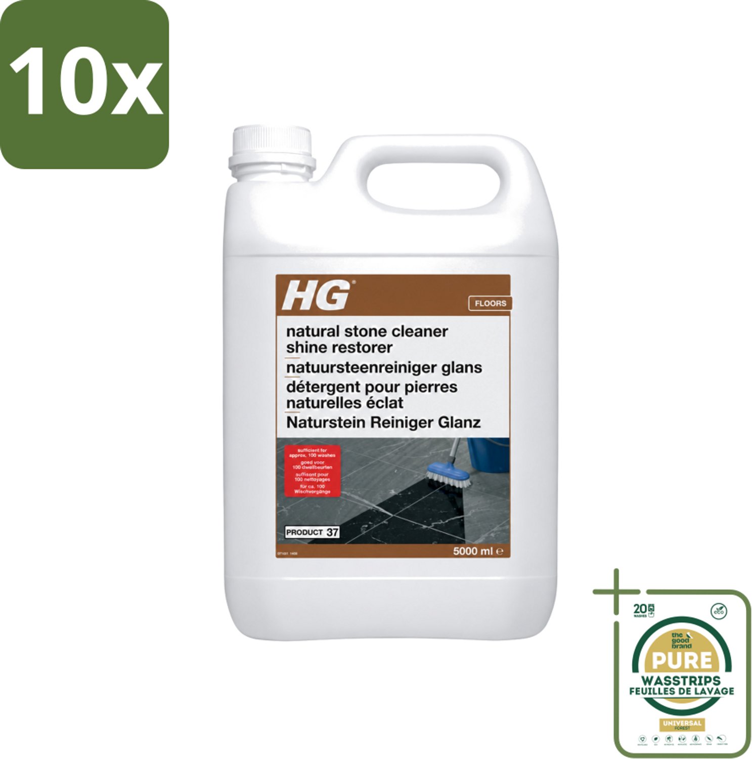 10 x HG - Natuursteenreiniger Glans - 40 Dweilbeurten - 5L - Wasstrips - Natuursteen Reinigen - Marmer Reinigen - Glans Herstellen - Natuursteen Schoonmaken - Natuursteen Onderhoud