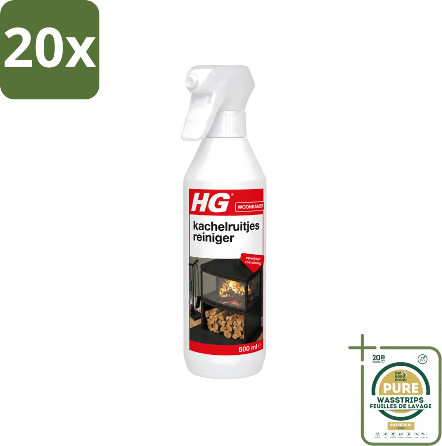 20 x HG - Kachelruitjesreiniger - Verwijdert Roetaanslag - 500 ml - Wasstrips - Kachelruiten Reinigen - Roet Verwijderen - Haardvenster Reinigen - Baksteen Reinigen - Kachel Reinigen