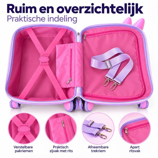 Open paarse koffer met roze voering, pakriemen, zijvak met rits en afneembare trekriem.
