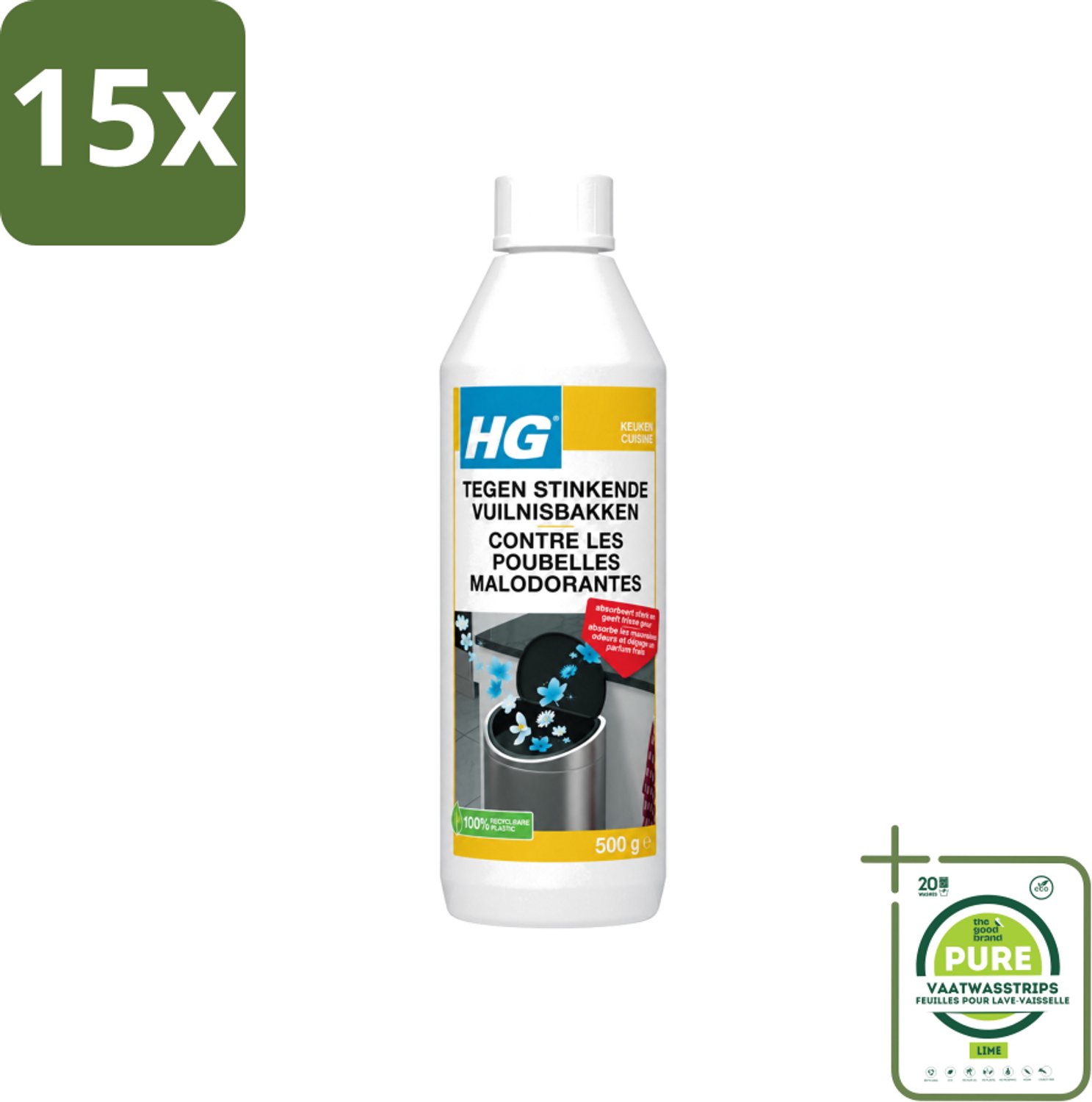 15 x HG - Tegen Stinkende Vuilnisbakken - Neutraliseert Geuren - 500 g - Grootverpakking - Vaatwasstrips - Stinkende Vuilnisbakken - Geurneutraliseren - Afvalgeuren - Vuilnisbak Geuren - Afvalcontainer Geuren