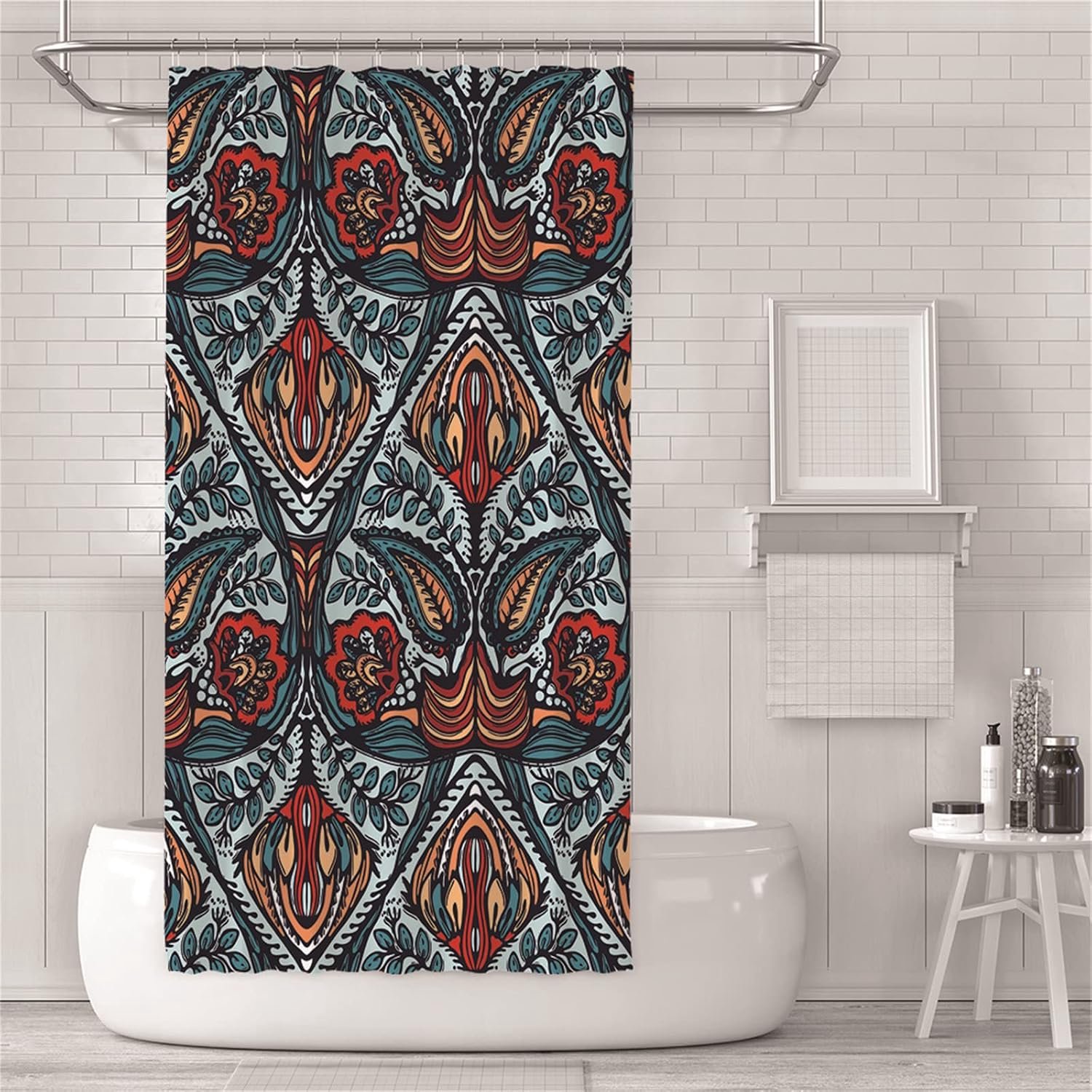 Douchegordijnen, schimmelbestendig, waterdicht, wasbare badgordijnen, gewogen badgordijnen met haken, 3D-tuin, buitendouche gordijn Boho rood