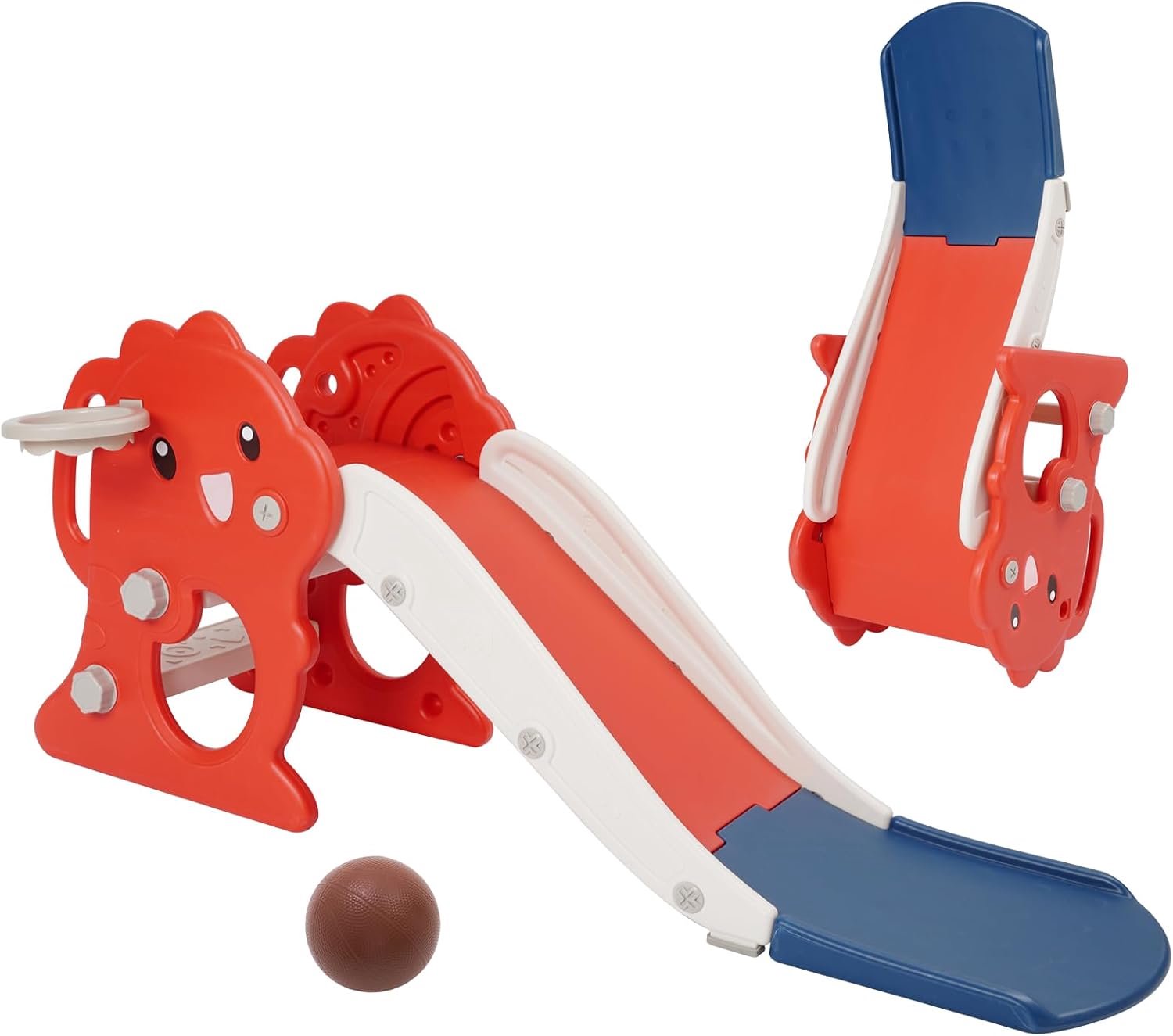 Glijbaan voor kinderen, opvouwbare kinderglijbaan klein met basketbalmand, rood