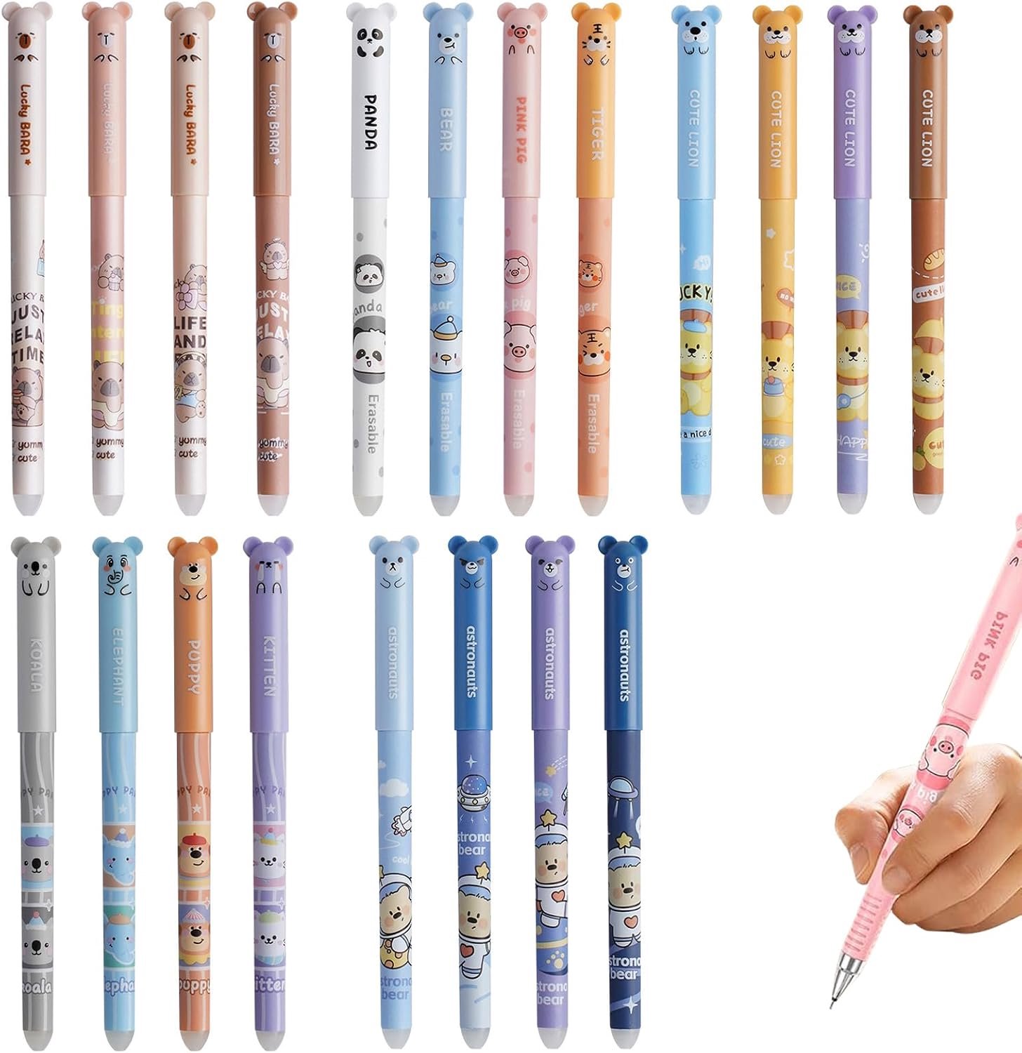 Gelpennen met thermogevoelige wisinkt, 0,5 mm, schattige diertekeningen, voor kantoor, school en thuis (blauwe inkt)