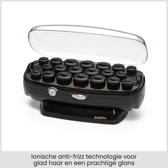 Zwarte BaByliss krulset met 20 zwarte rollers onder een transparante kap.