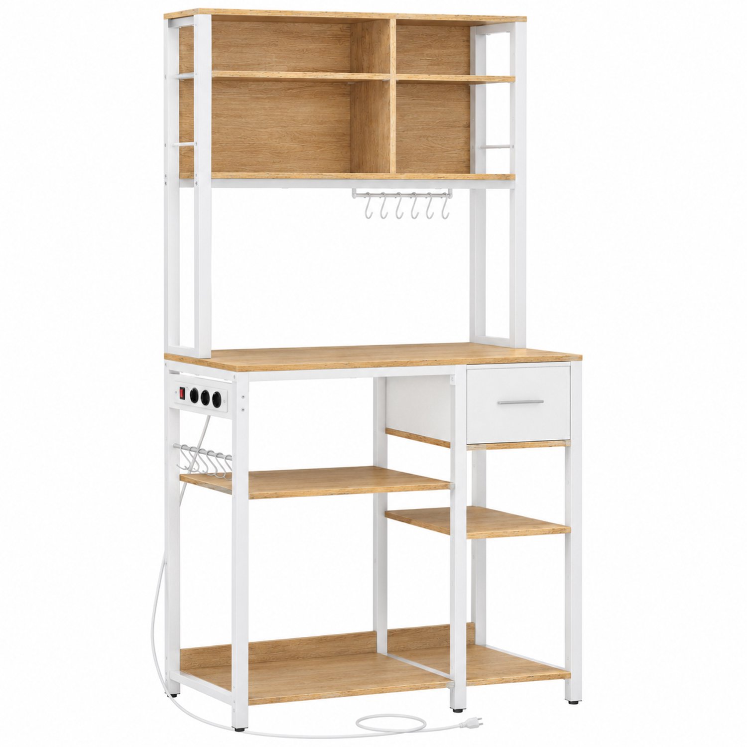 MokoHub Keukenrek met Stopcontacten - Magnetronplank - Verstelbare Planken - Stoffen Lade - 80x40x180.4 cm - Wit