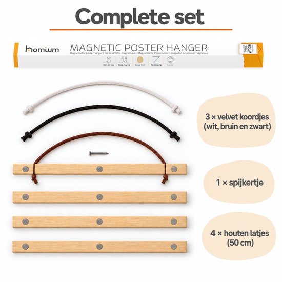 Complete set posterhanger met vier houten latjes van 50 cm, drie fluwelen koordjes en een spijkertje.