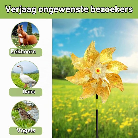 Effectieve vogelwering met 2 grote octagonale windmolens, reflecterend in zilver en goud, voor bescherming van tuin, balkon en groentetuin. — afbeelding 4