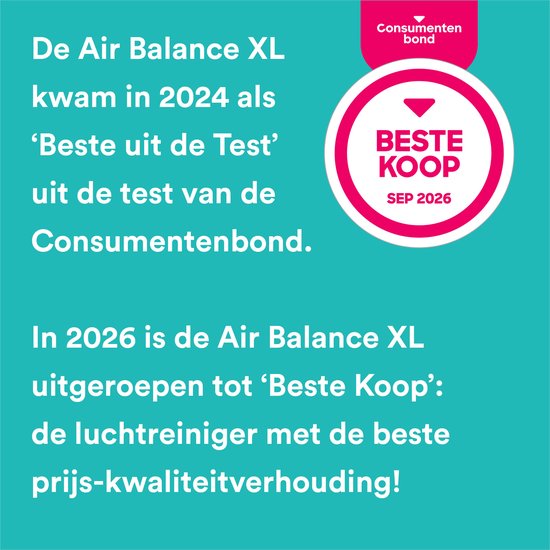 Turkooizen achtergrond met tekst over de Air Balance XL en een roze 'Consumentenbond Beste Koop' award badge voor 2026.