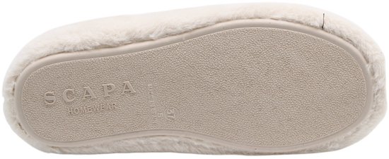 Onderkant van beige pantoffel met reliëf, 'SCAPA HOMEWEAR' logo en maat 37 aanduiding.