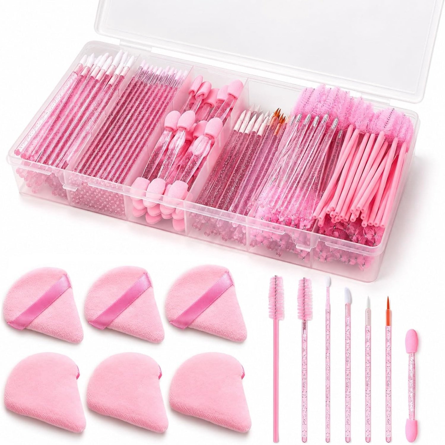 Grote Set Wegwerp Make-up Accessoires met Lippenborstels, Mascara en Oogschaduwkwasten, Inclusief Praktische Opbergdoos voor Hygiënische Toepassing van Cosmetica