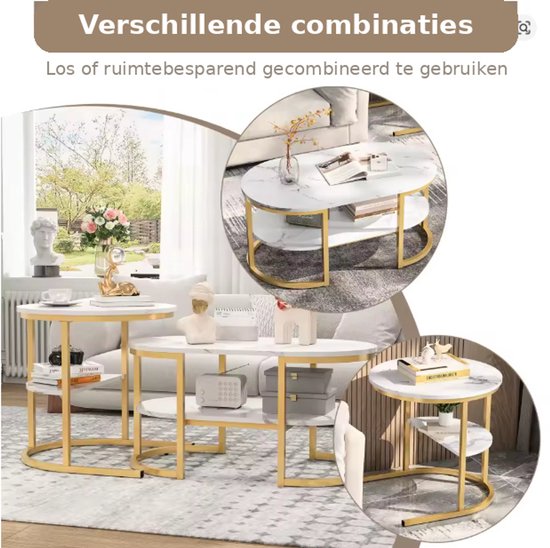 Set van twee ronde en ovale salontafels met marmerlook, los of gecombineerd te gebruiken.