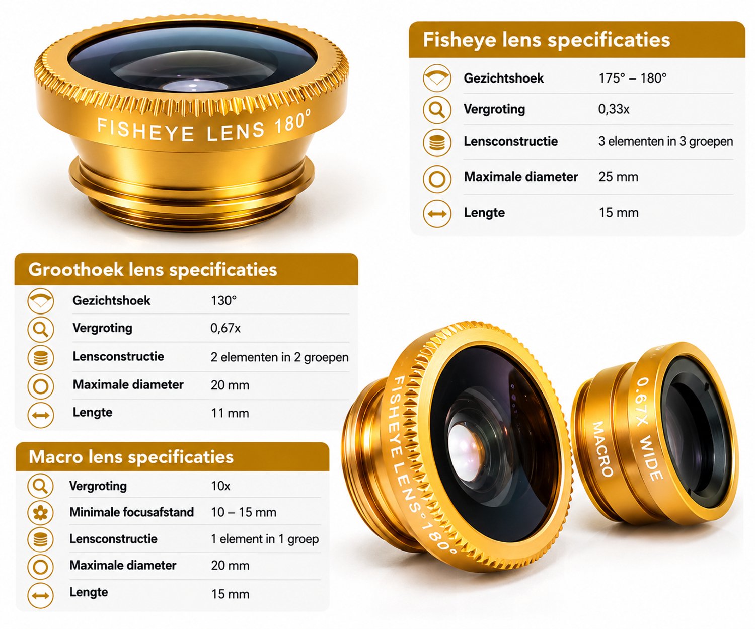 3-in-1 Smartphone Cameralens Set – Fisheye 180°, 0.67x Groothoek & Macro – Met Universele Clip – Goud