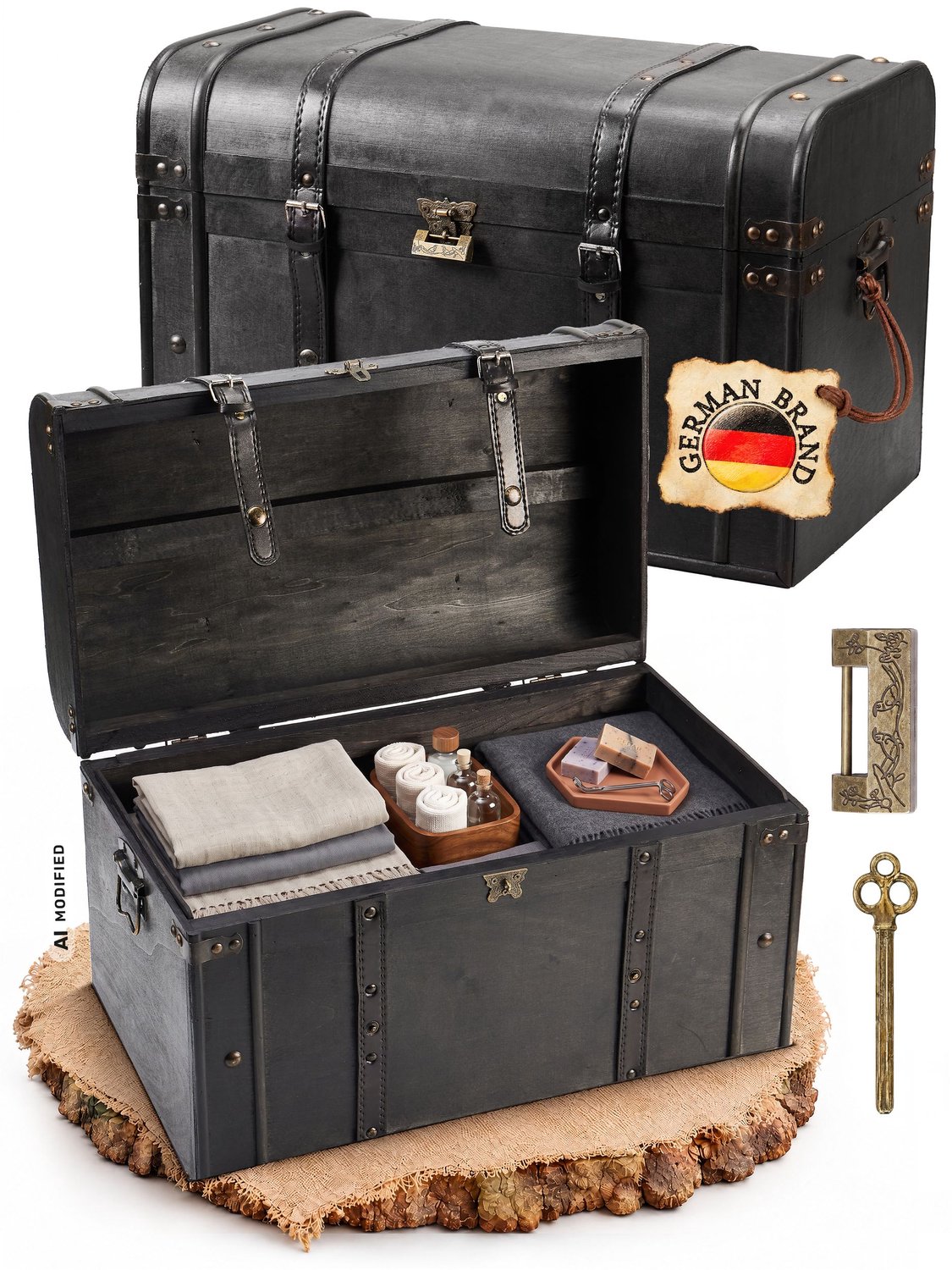 Kingpower houten schatkist, donkere stijl, met slot, 50x29x32cm